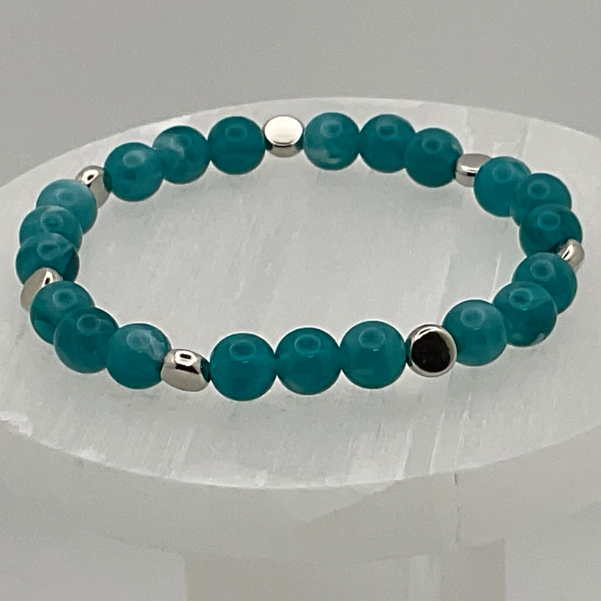 Pulsera de ágata Veta de Dragón Verde Azulado con separadores de plata