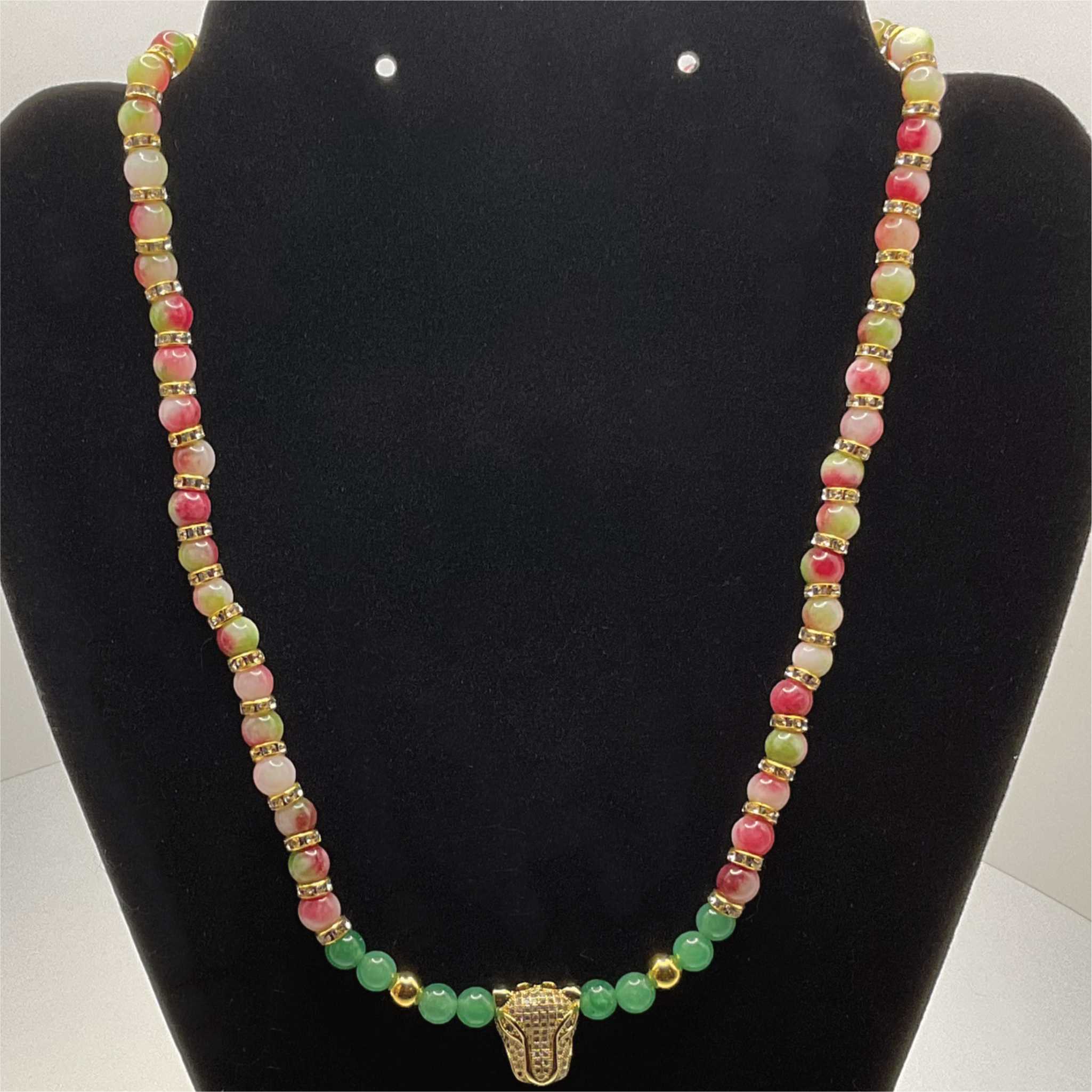 18" Watermelon Jade Green Chalcedony Panther Charm Necklace
