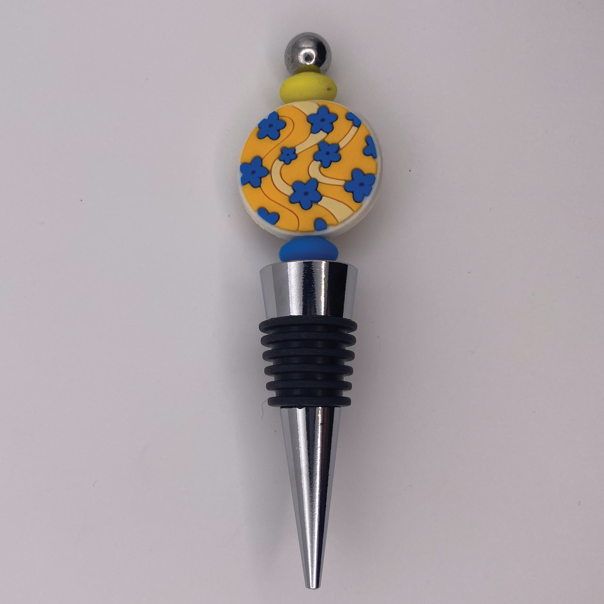 Retro Yellow Field of Blue Flowers Wine Stopper