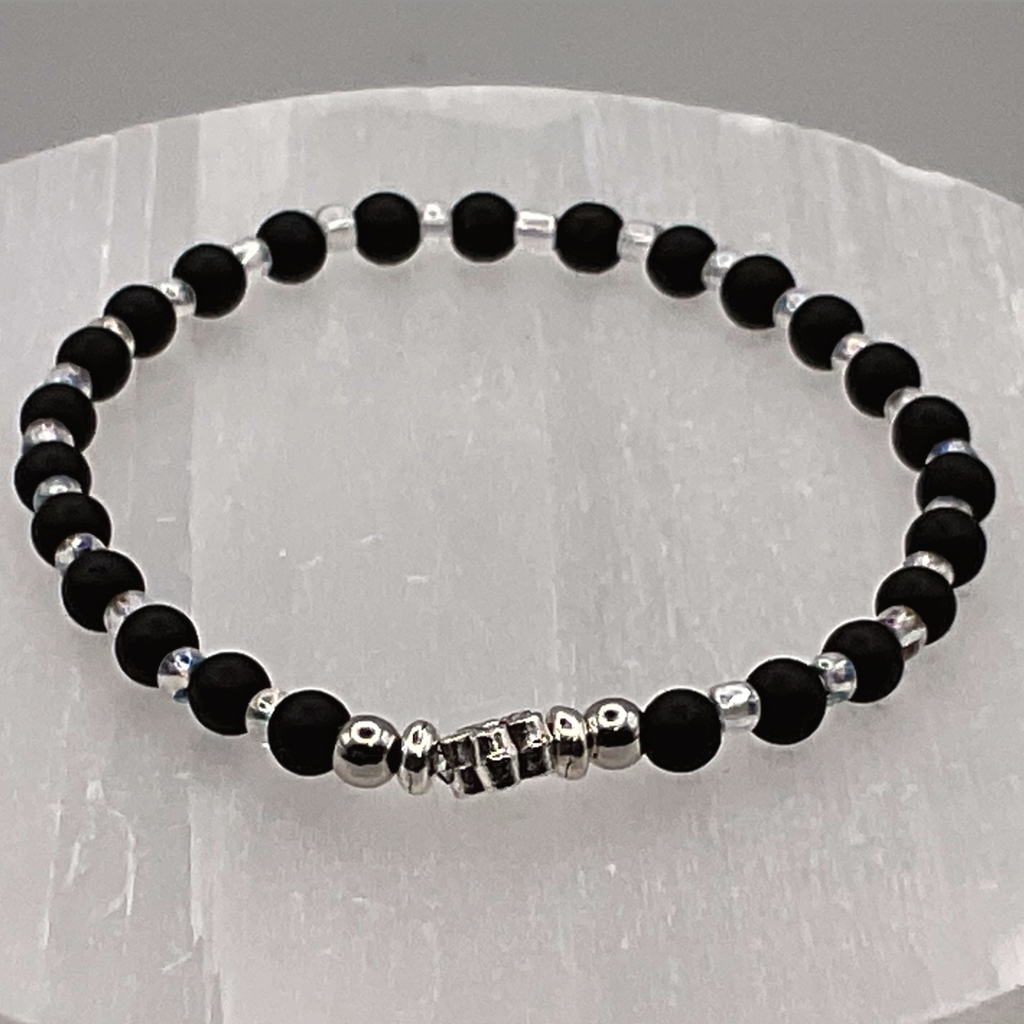 15 cm (5.9") Black Agate Clear Crystal Silver Flower Bracelet with Silver Spacers