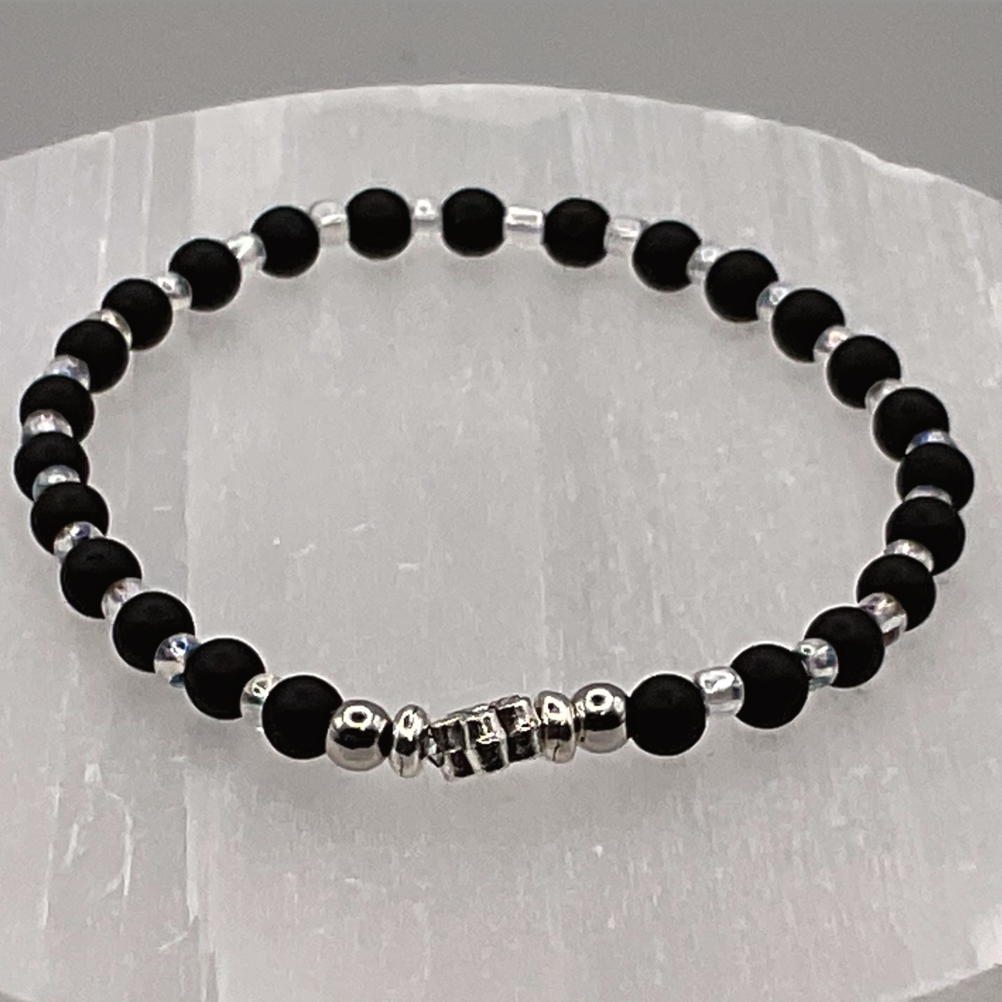 15 cm (5.9") Black Agate Clear Crystal Silver Flower Bracelet with Silver Spacers