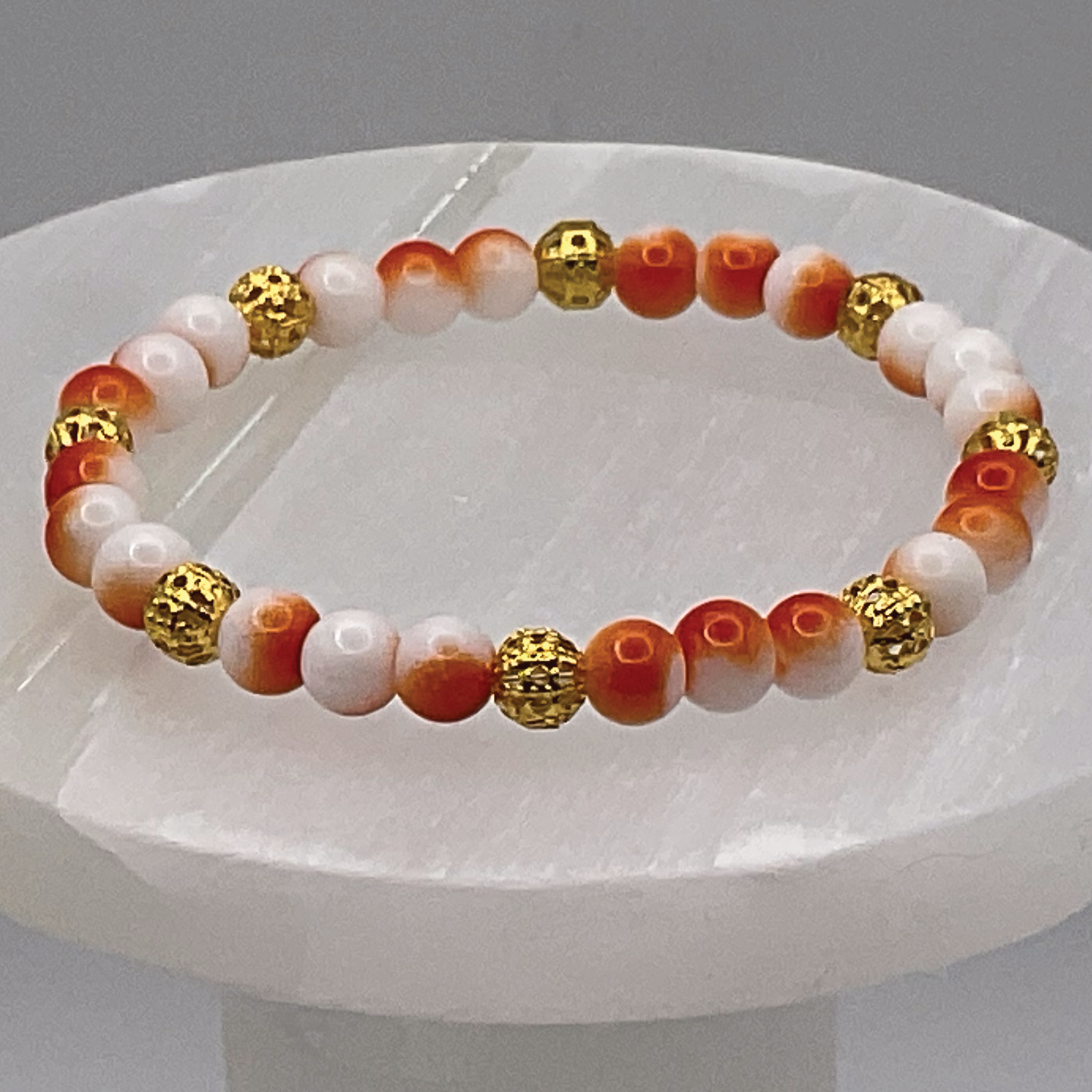 15.5 cm (6.1") Orange White Bracelet with Gold Spacers