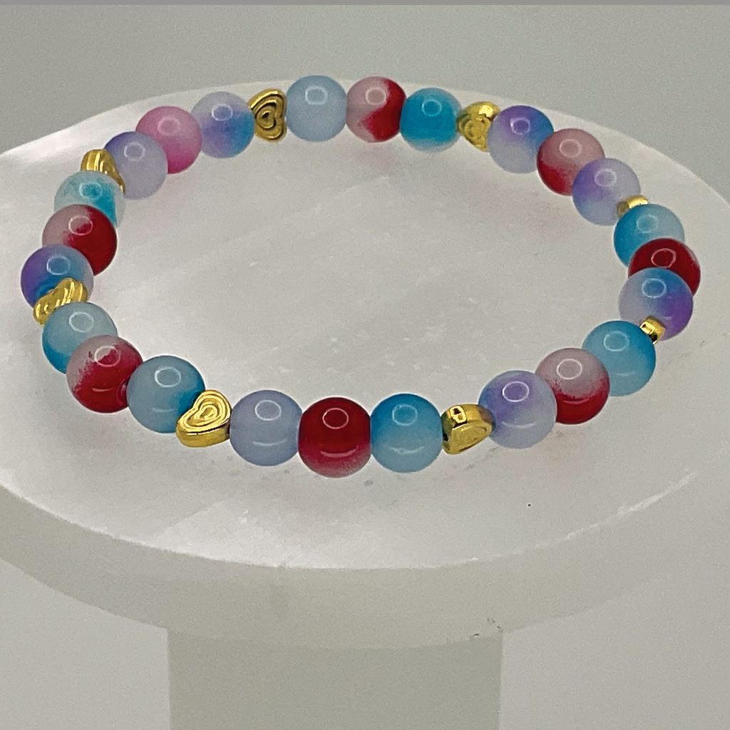 Pink Blue Dragon Vein Agate Bracelet with Gold Heart Spacers