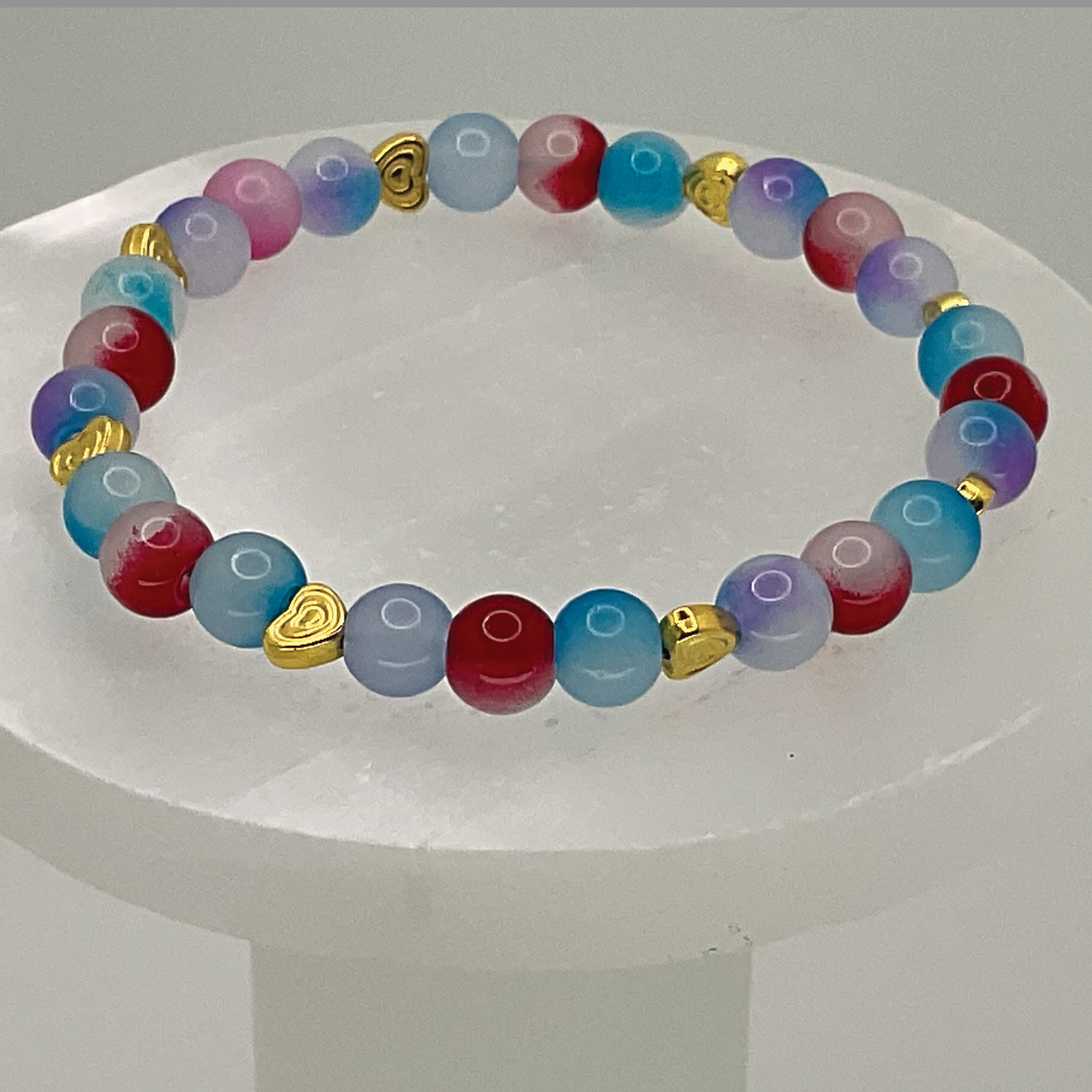 Pink Blue Dragon Vein Agate Bracelet with Gold Heart Spacers