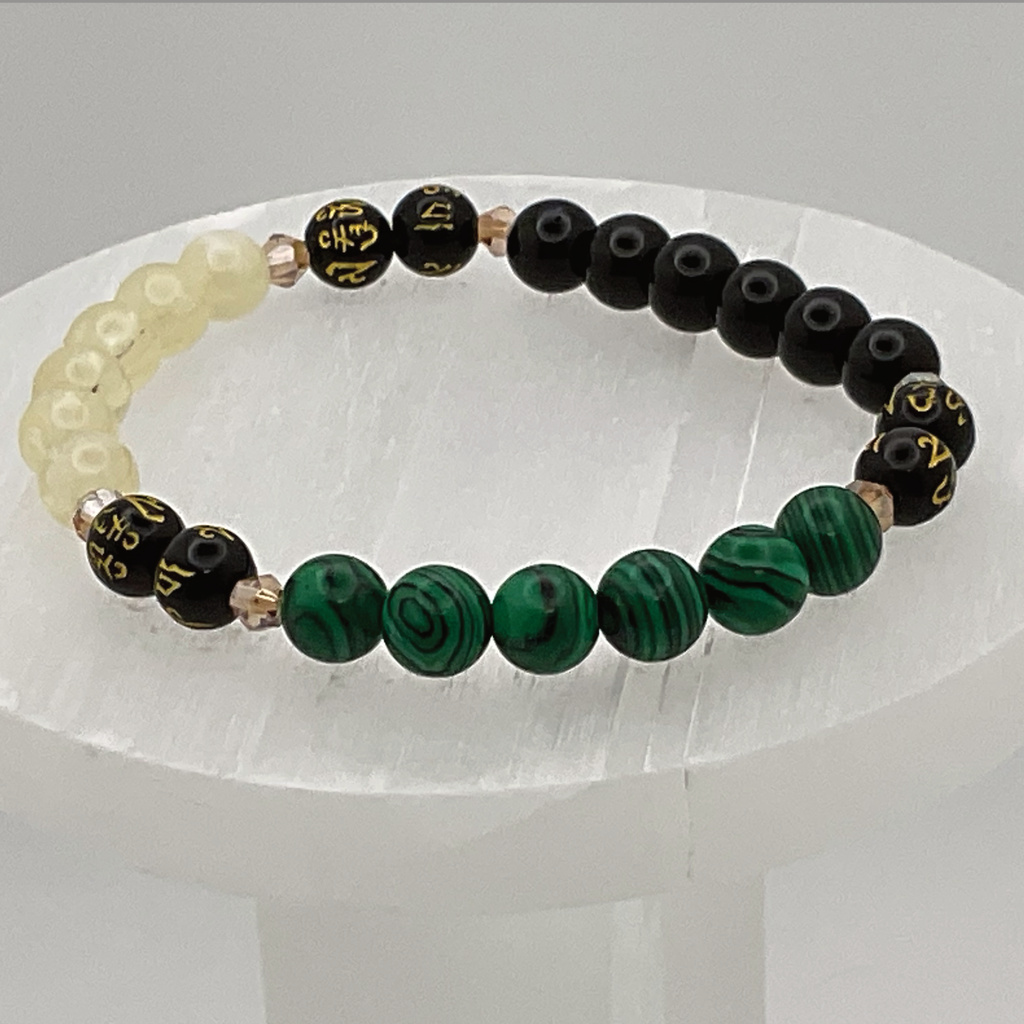 Pulsera Pixiu de Prehnita, Ágata Negra, Malaquita y Citrino con Espaciadores de Cristal