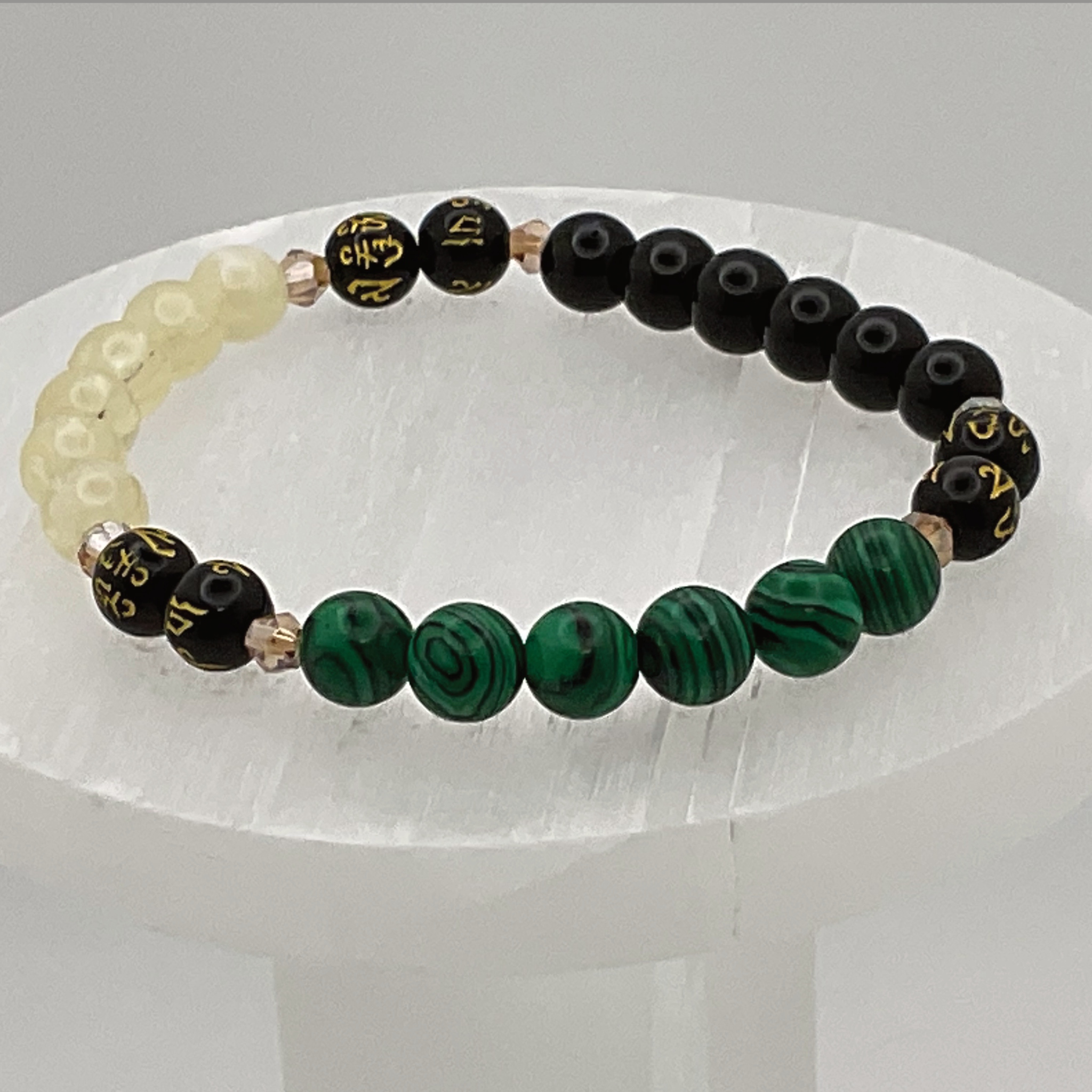Pulsera Pixiu de Prehnita, Ágata Negra, Malaquita y Citrino con Espaciadores de Cristal