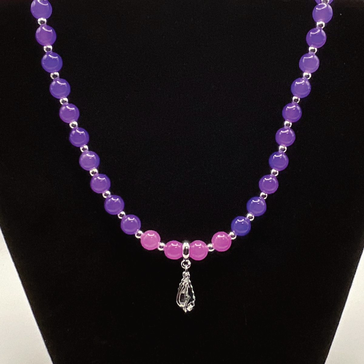 22" Pink Purple Cage Charm Glass Necklace with Silver Spacers
