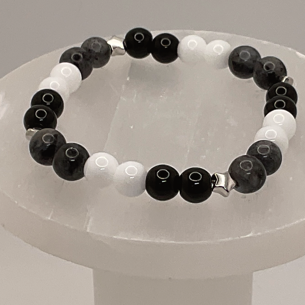 Black Agate Milky Quartz Picasso Stone Bracelet Silver Spacers