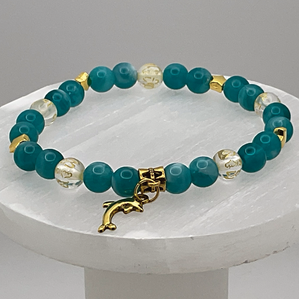 Pulsera con dije de delfín Pixiu de ágata veteada de dragón aguamarina y citrino con espaciadores de estrella dorados