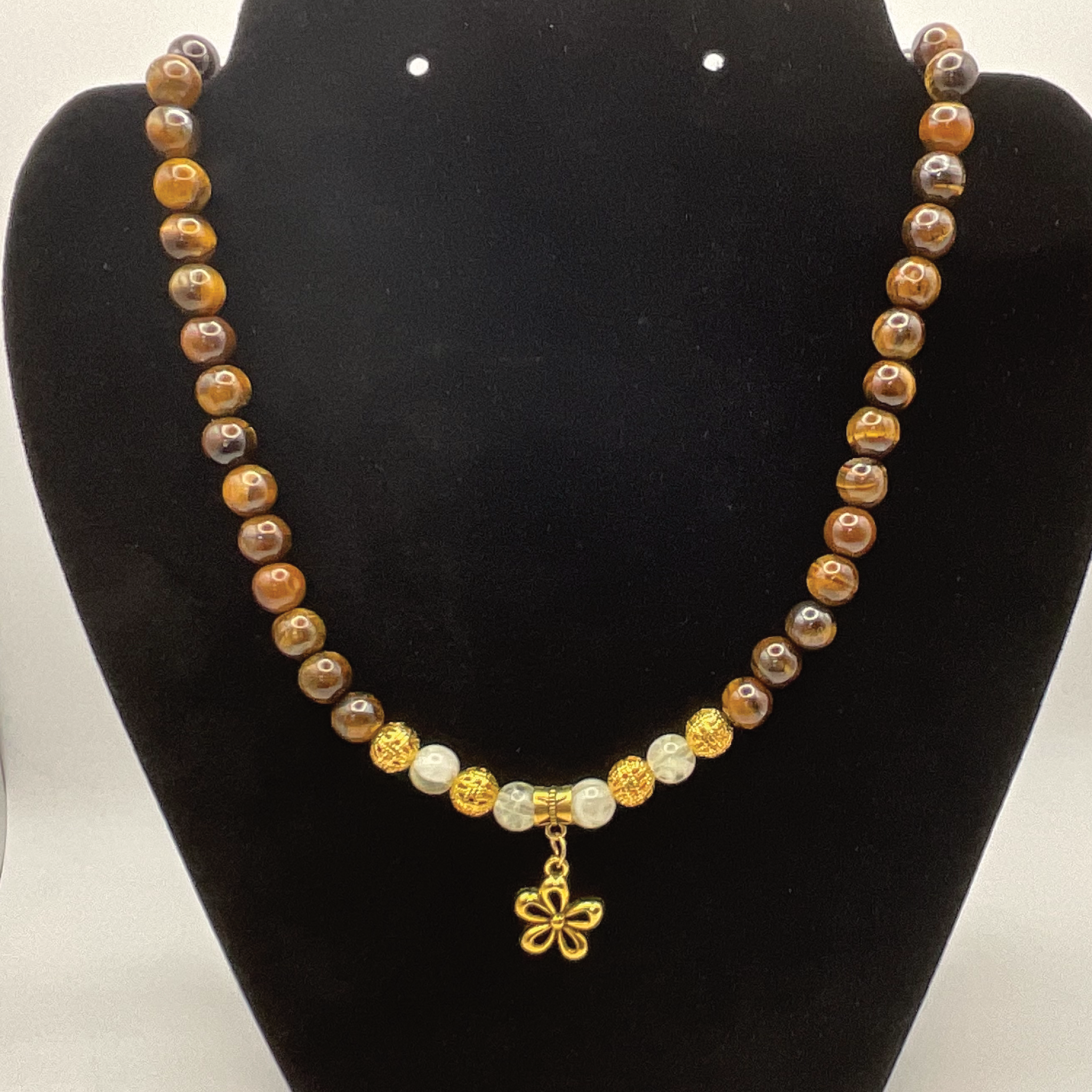 20" Tiger's Eye Prehnite Flower Charm Necklace with Gold Tone Ball Spacers