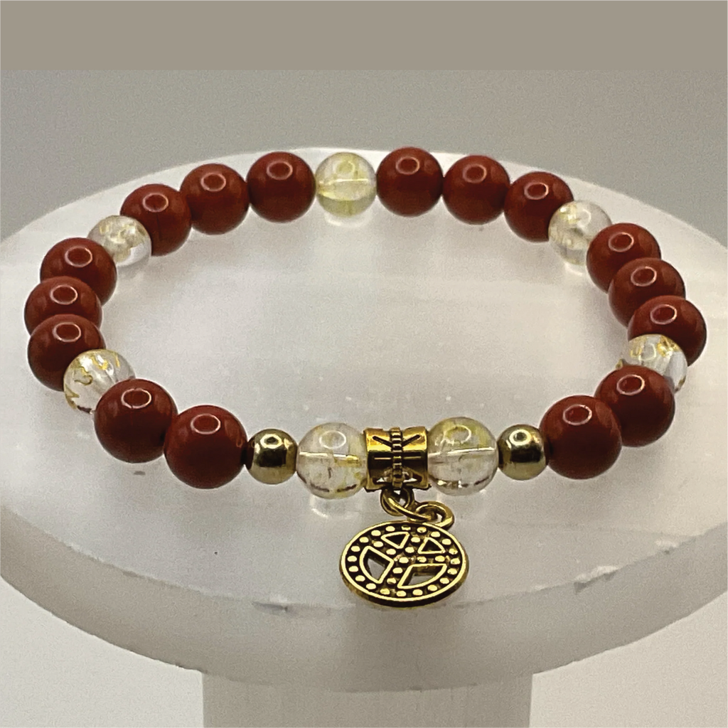 Red Jasper Clear Quartz Pixiu Symbols Peace Charm Bracelet with Gold Tone Spacers