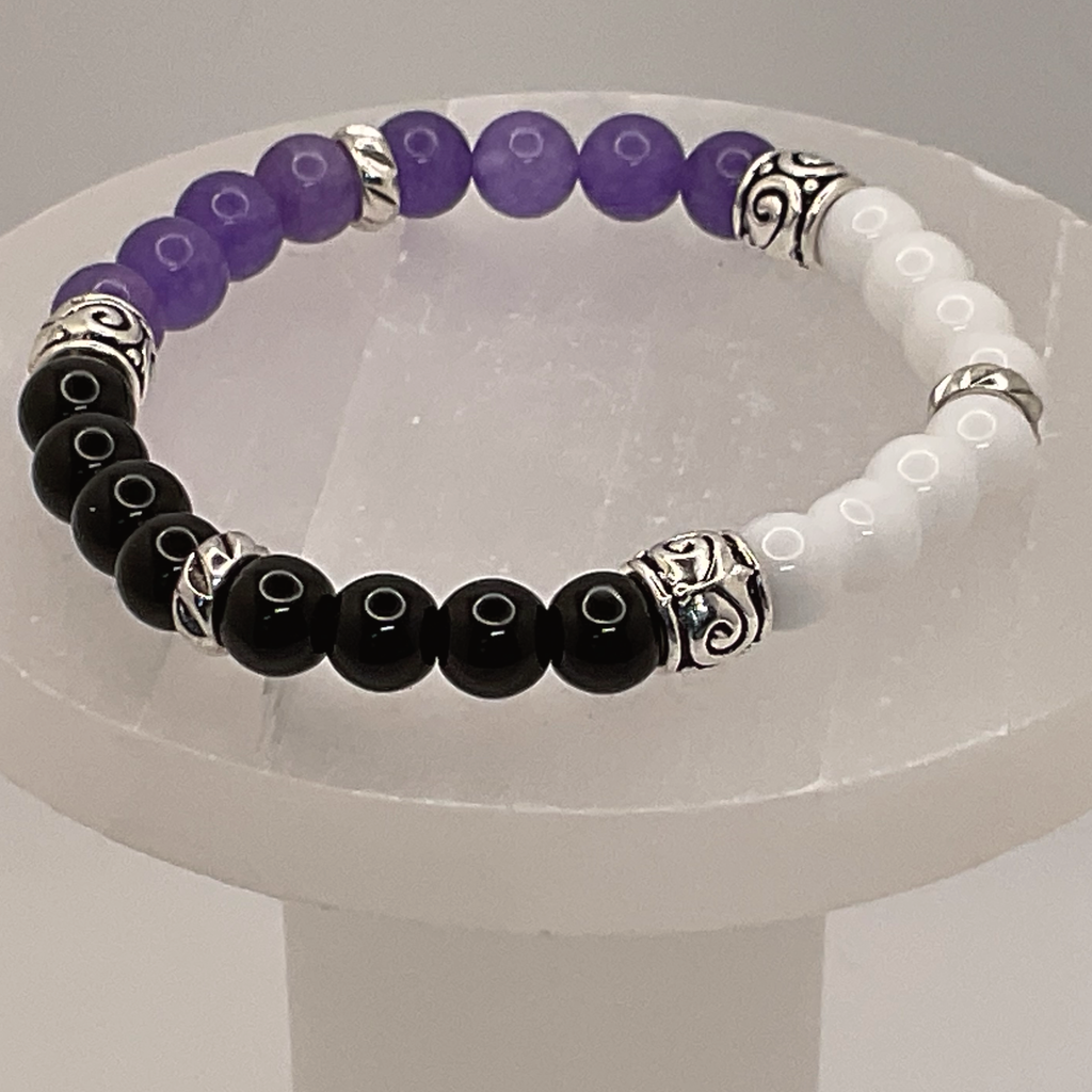 Black Agate Milky Quartz Amethyst Bracelet with Silver Spacers