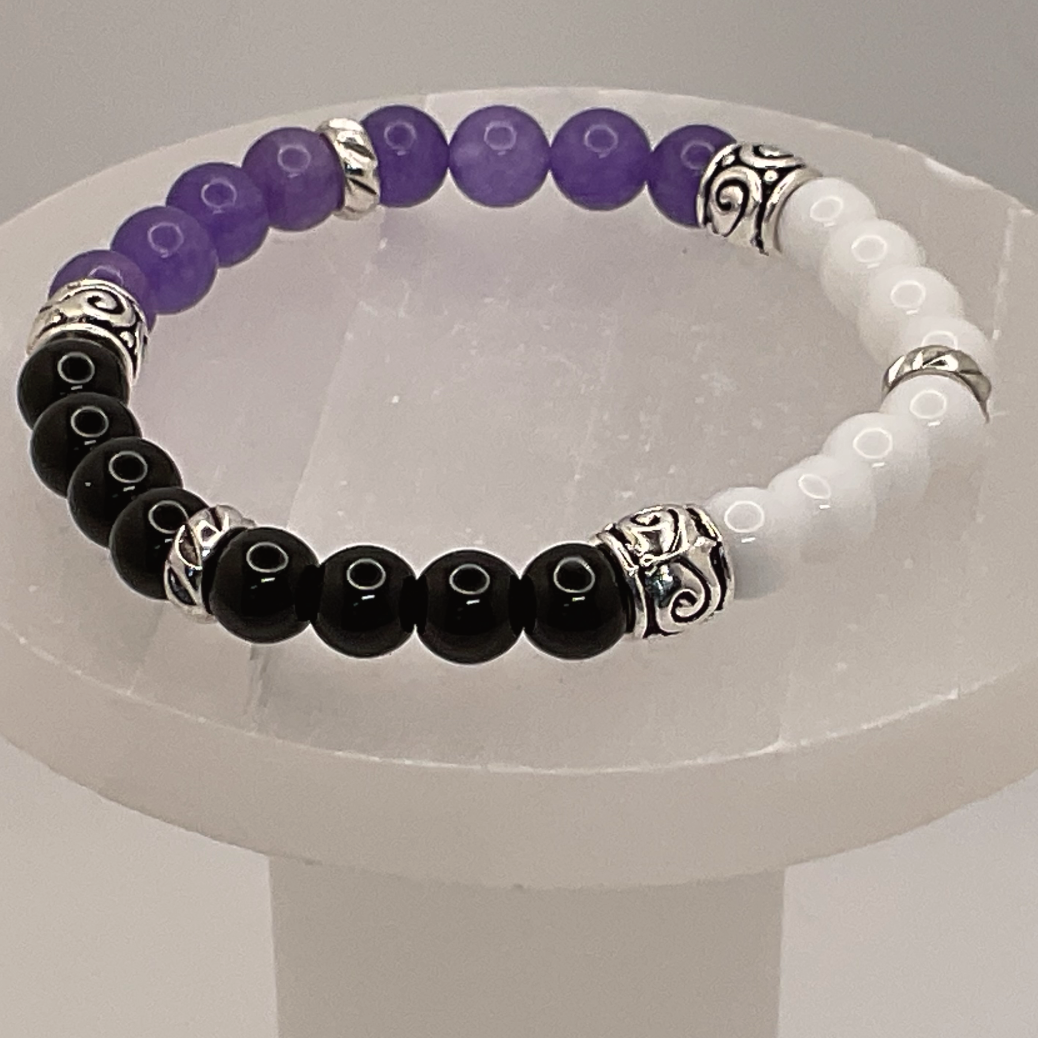 Black Agate Milky Quartz Amethyst Bracelet with Silver Spacers