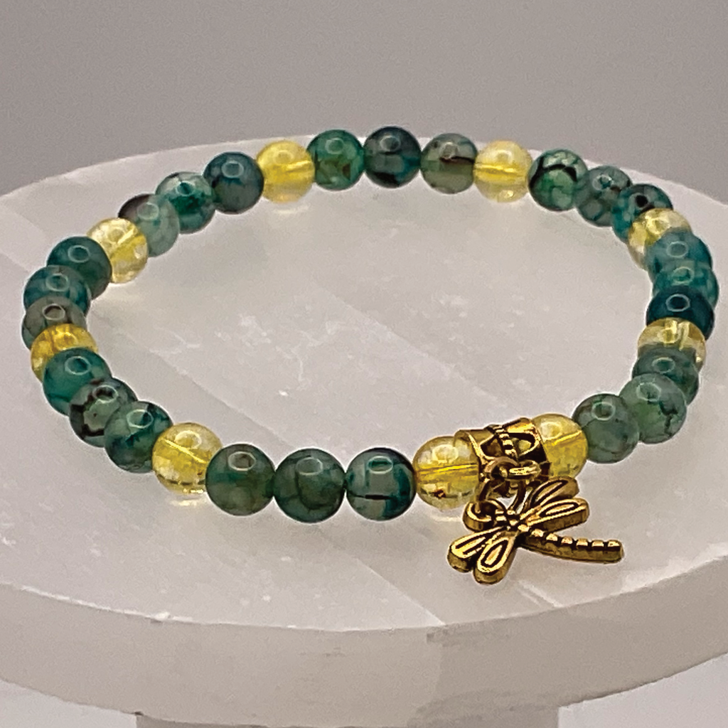 Green Dragon Vein Agate Amber Dragonfly Charm Bracelet