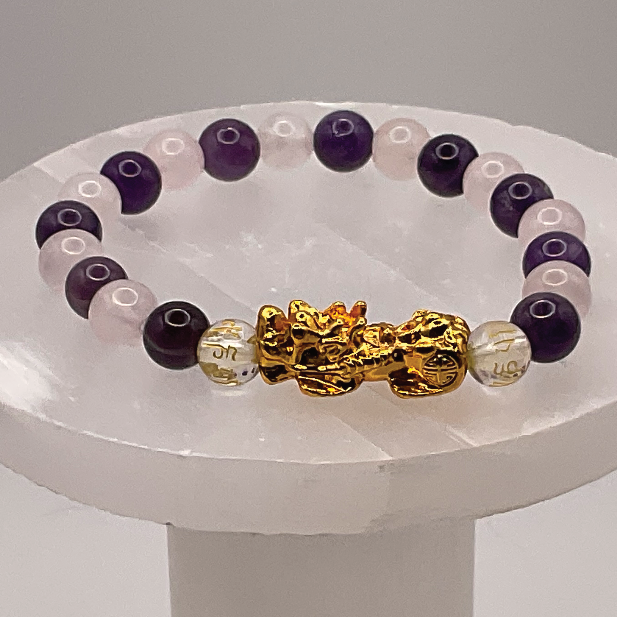 Amethyst Milky Quartz Clear Pixiu Dragon Charm Bracelet