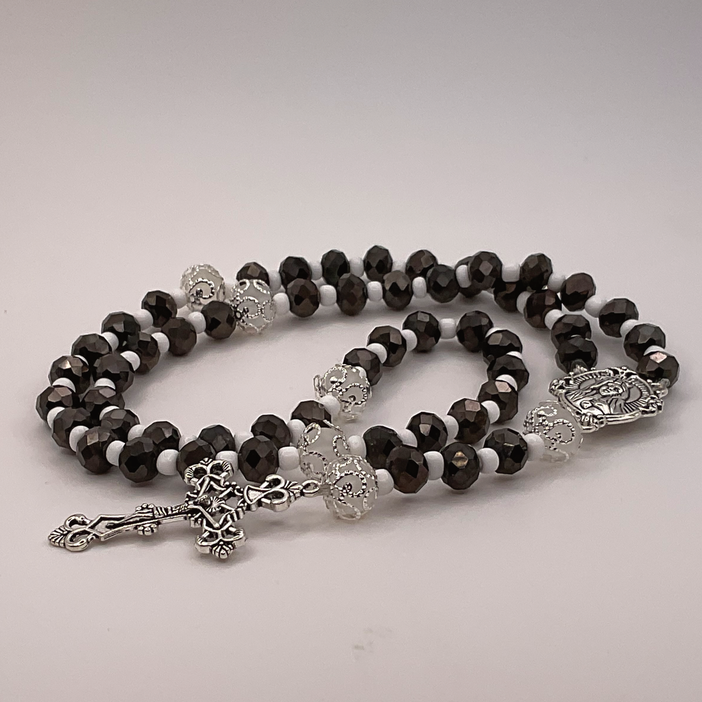 Black Faceted White Spacers Full 5 Decade Silver Rosary