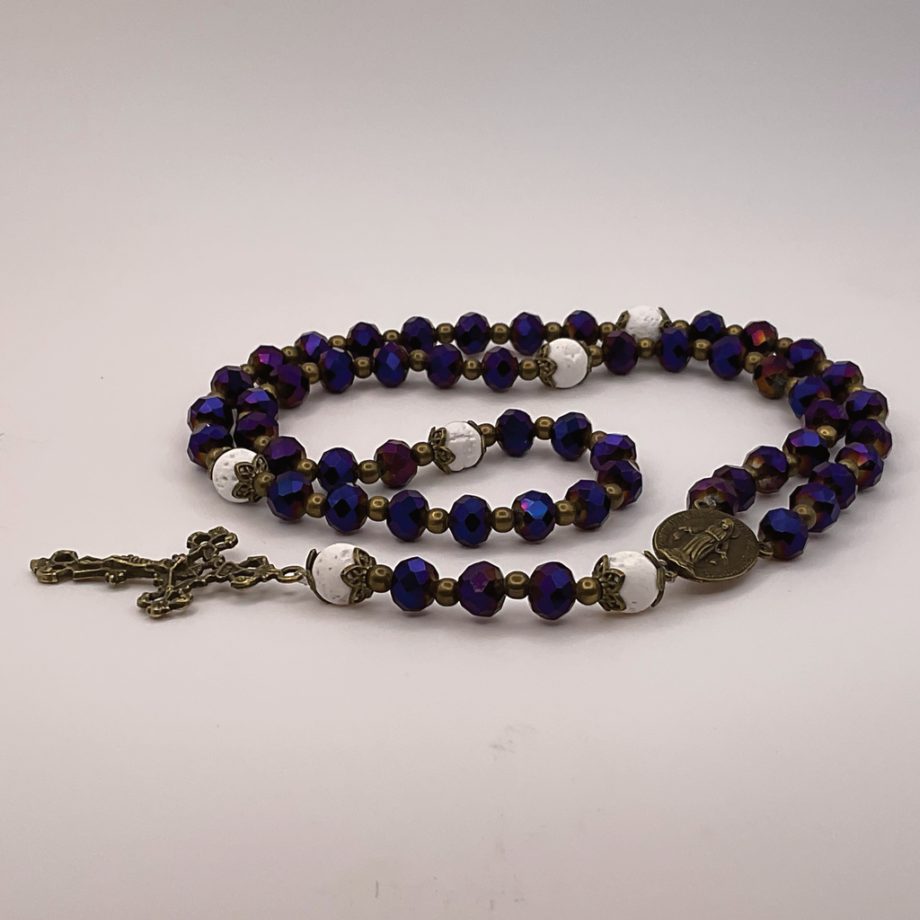 Purple Faceted White Magnesium Full 5 Decade Bronze Rosary