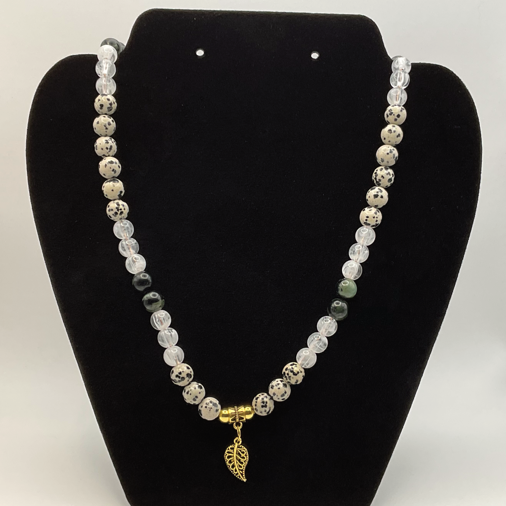 22" Tree Agate Kambamba Jasper Milky Quartz Leaf Charm Necklace with Gold Spacers
