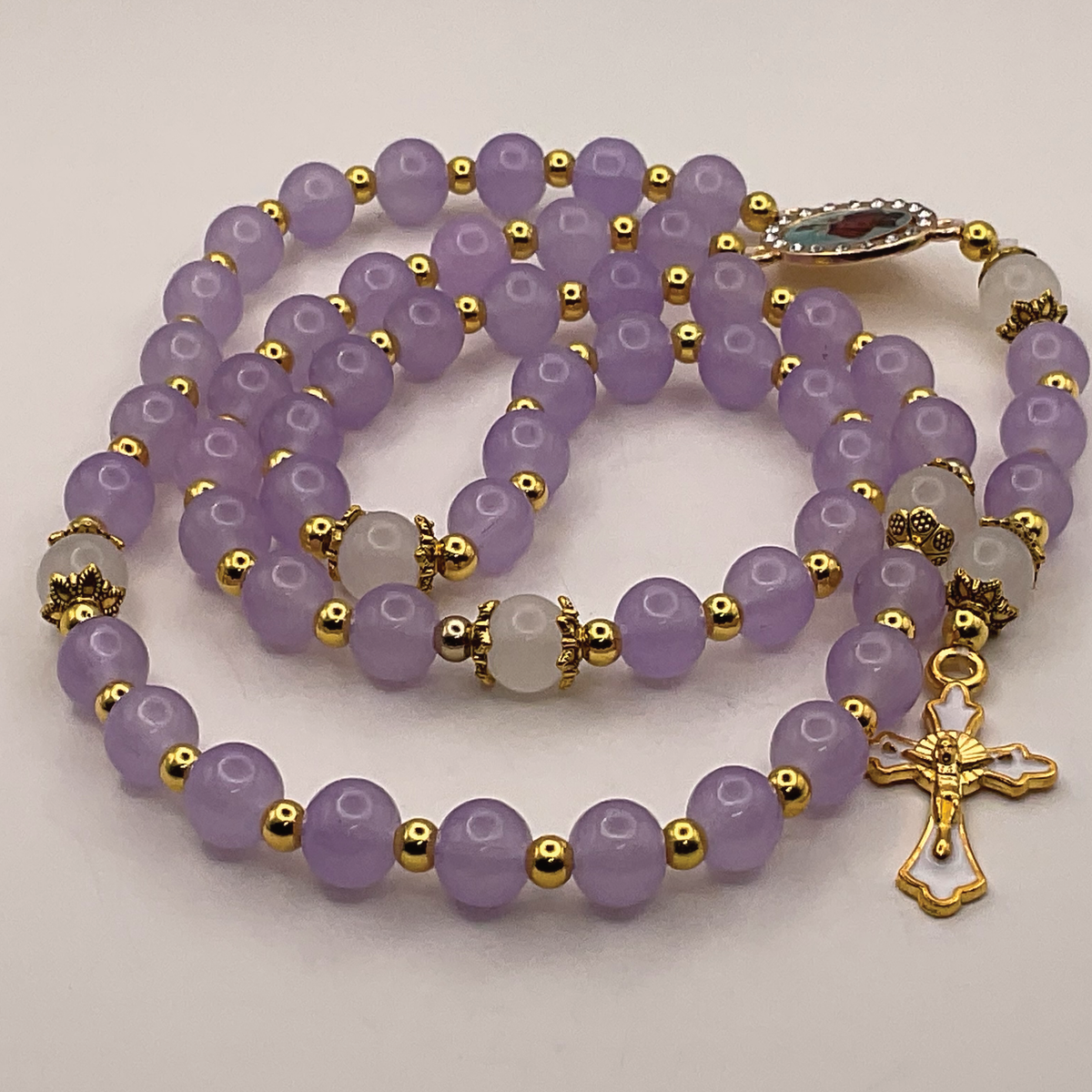 Lilac Milky White Full 5 Decade Gold Rosary
