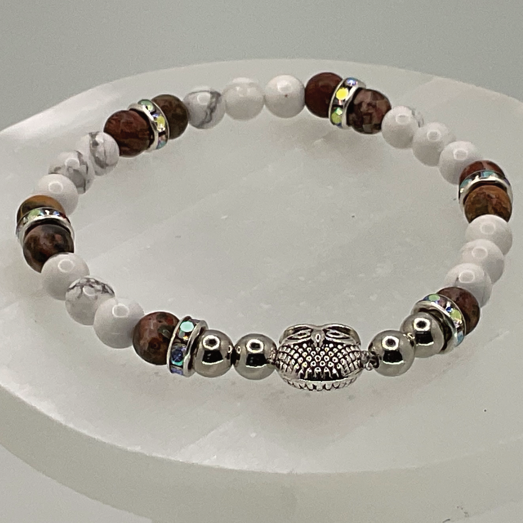 Desert Jasper Magnesite Owl Charm Bracelet with Silver and Crystal Spacers