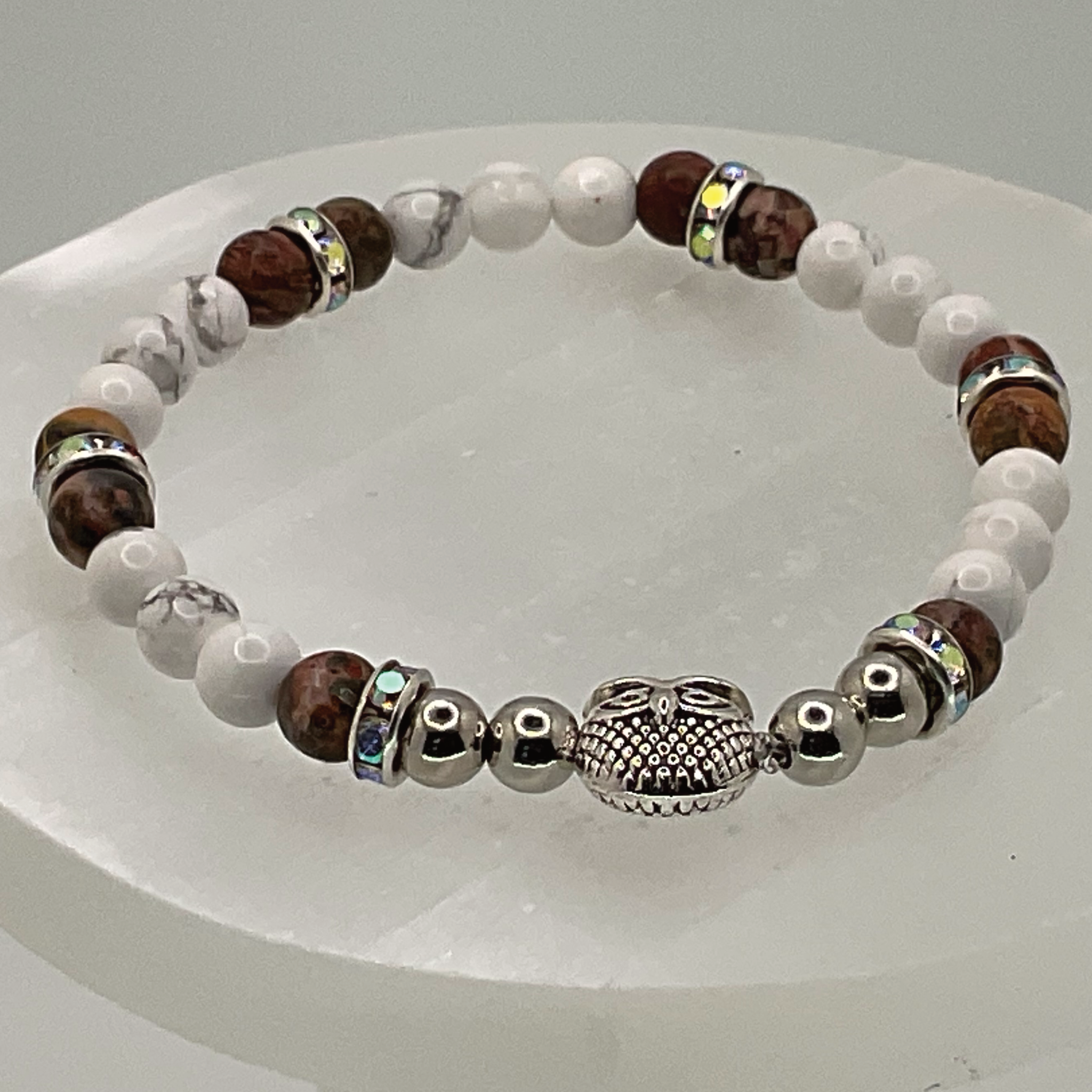 Desert Jasper Magnesite Owl Charm Bracelet with Silver and Crystal Spacers