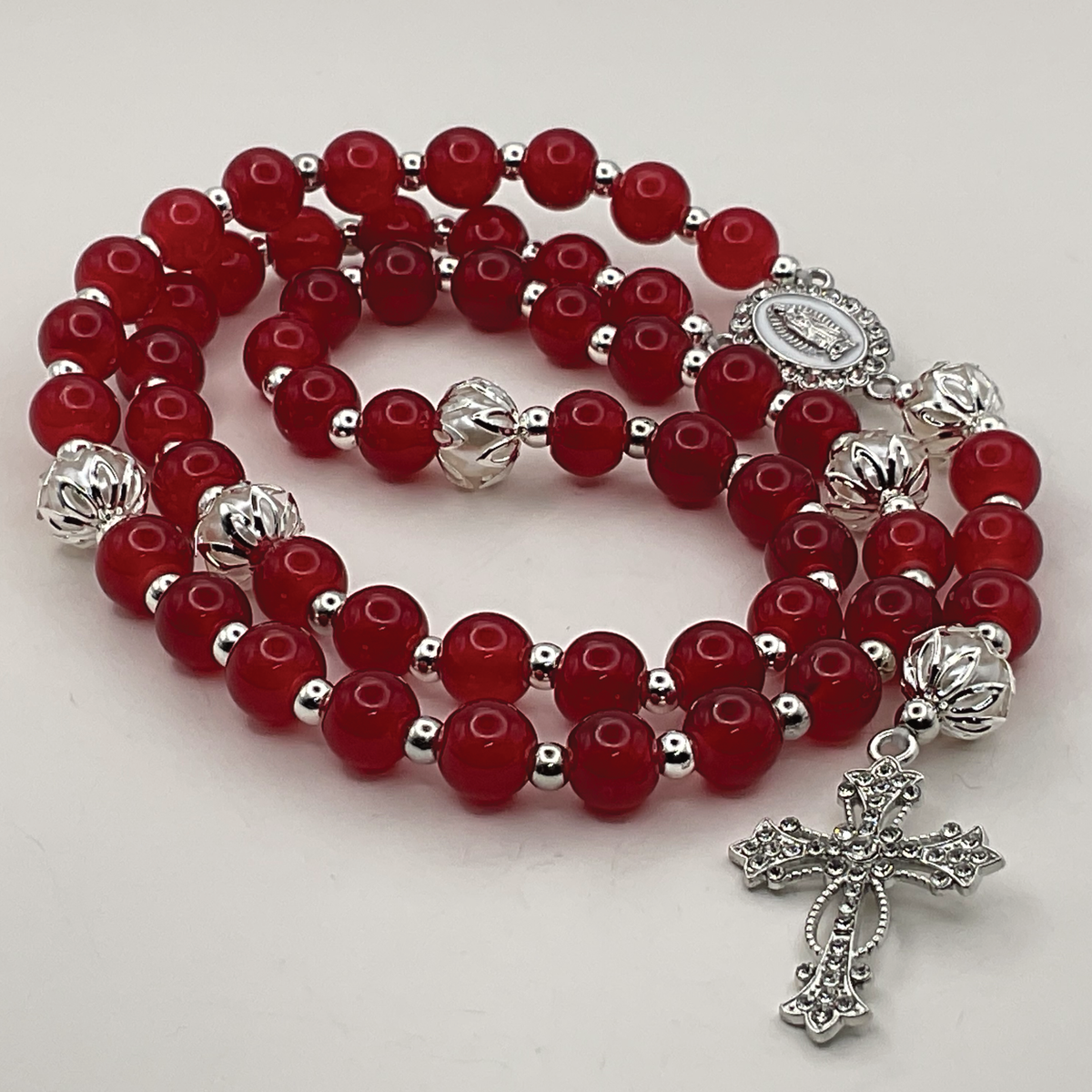 Red White Full 5 Decade Silver Rosary