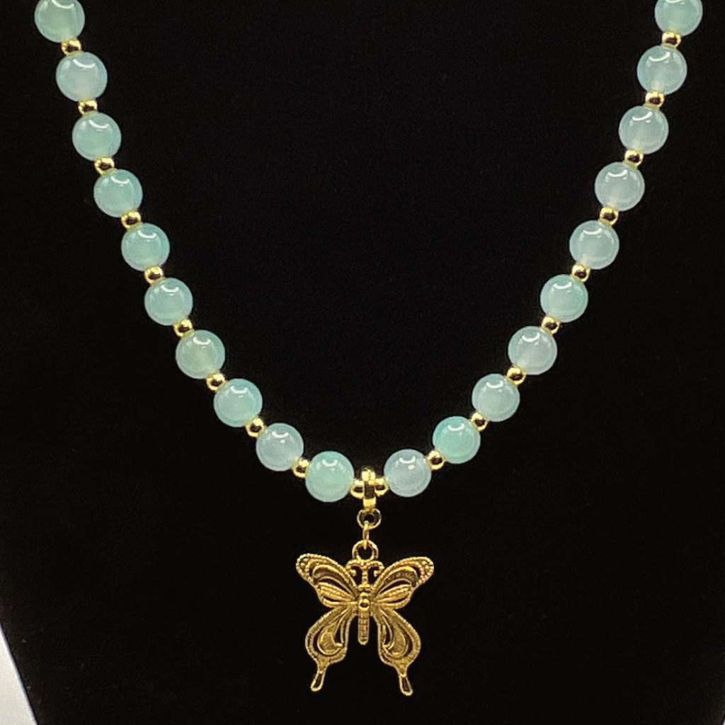 20" Light Green Butterfly Charm Glass Necklace with Gold Spacers