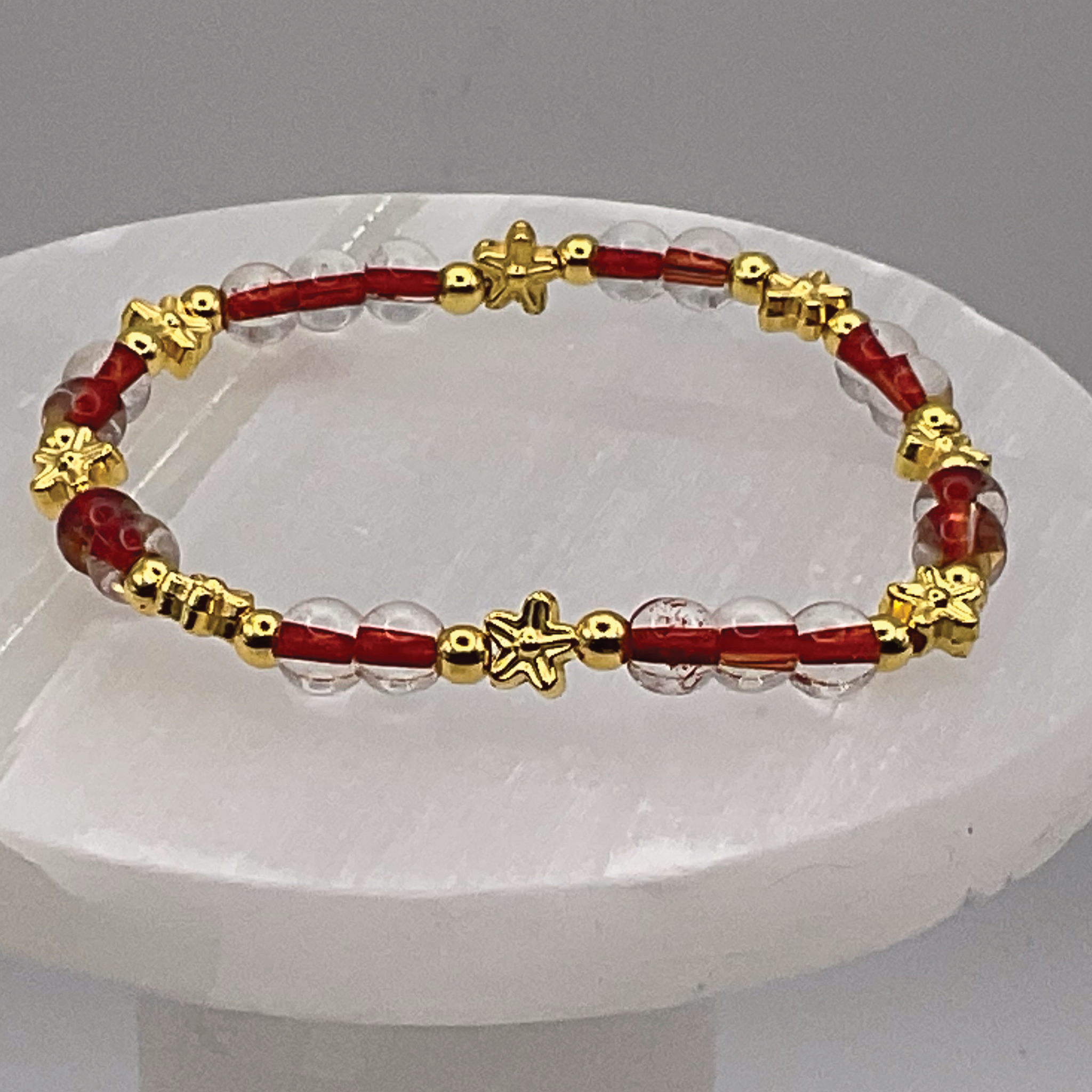 Red Clear Glass Gold Stars Bracelet with Gold Spacers