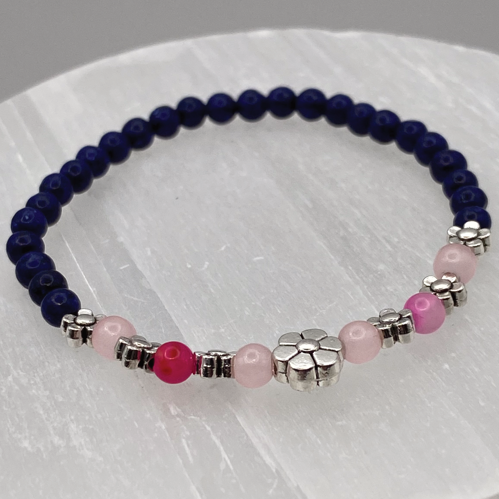 14.5 cm (5.7") Sodalite Pink Dragon Vein Agate Silver Flowers Bracelet