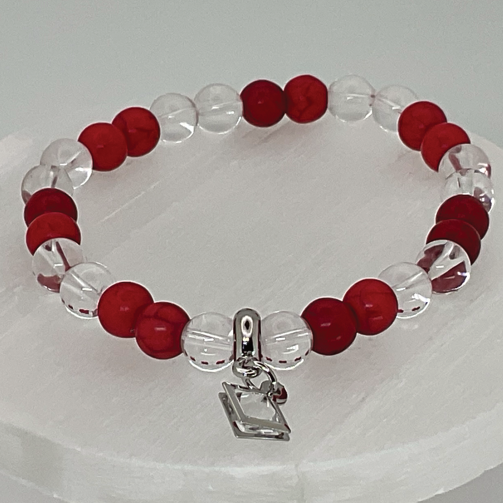 Red Coral Clear Quartz Silver Crystal Charm Bracelet