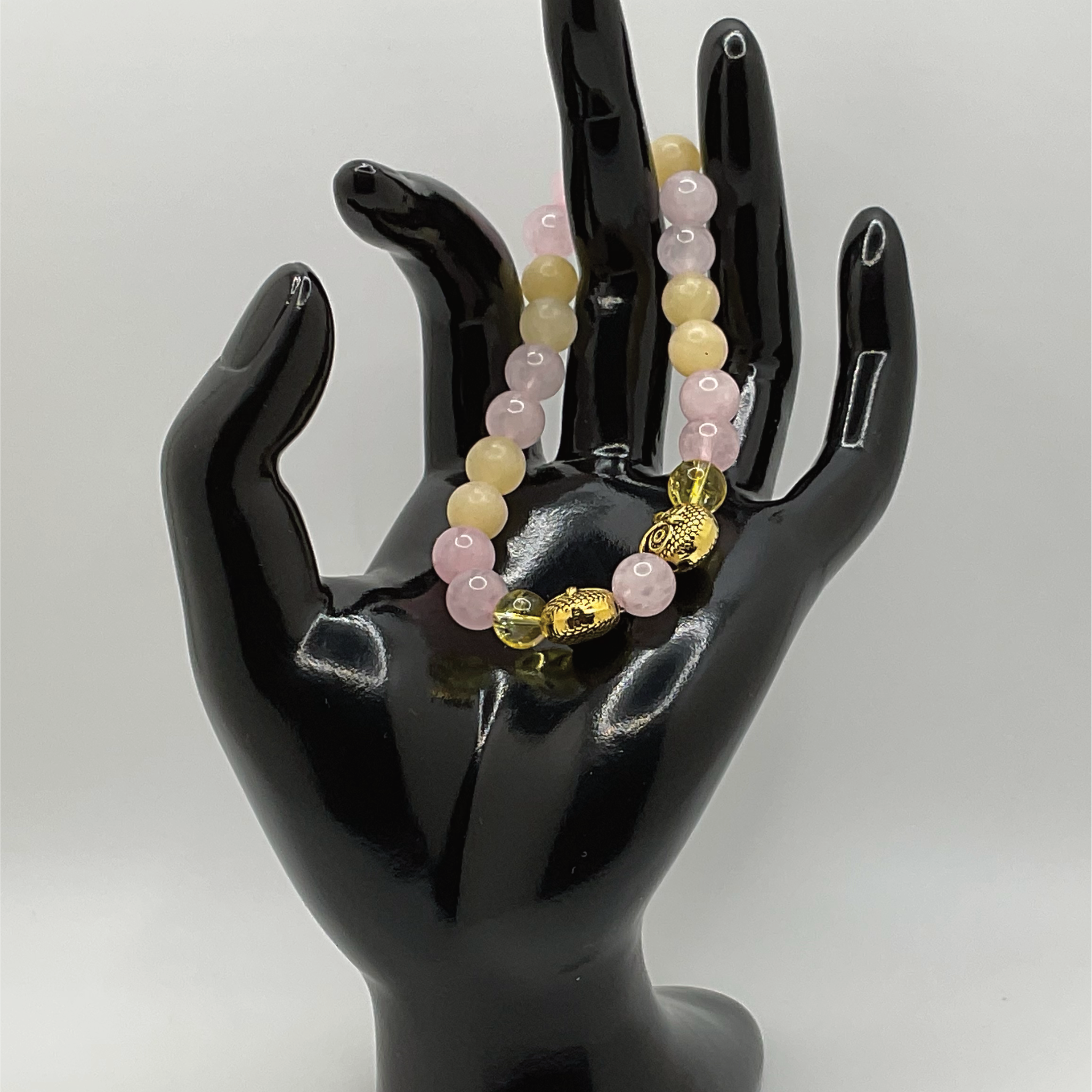 Yellow Agate Rose Quartz Bracelet | Wisdom & Love | Gold Owl Charm Crystal Gemstone Jewelry