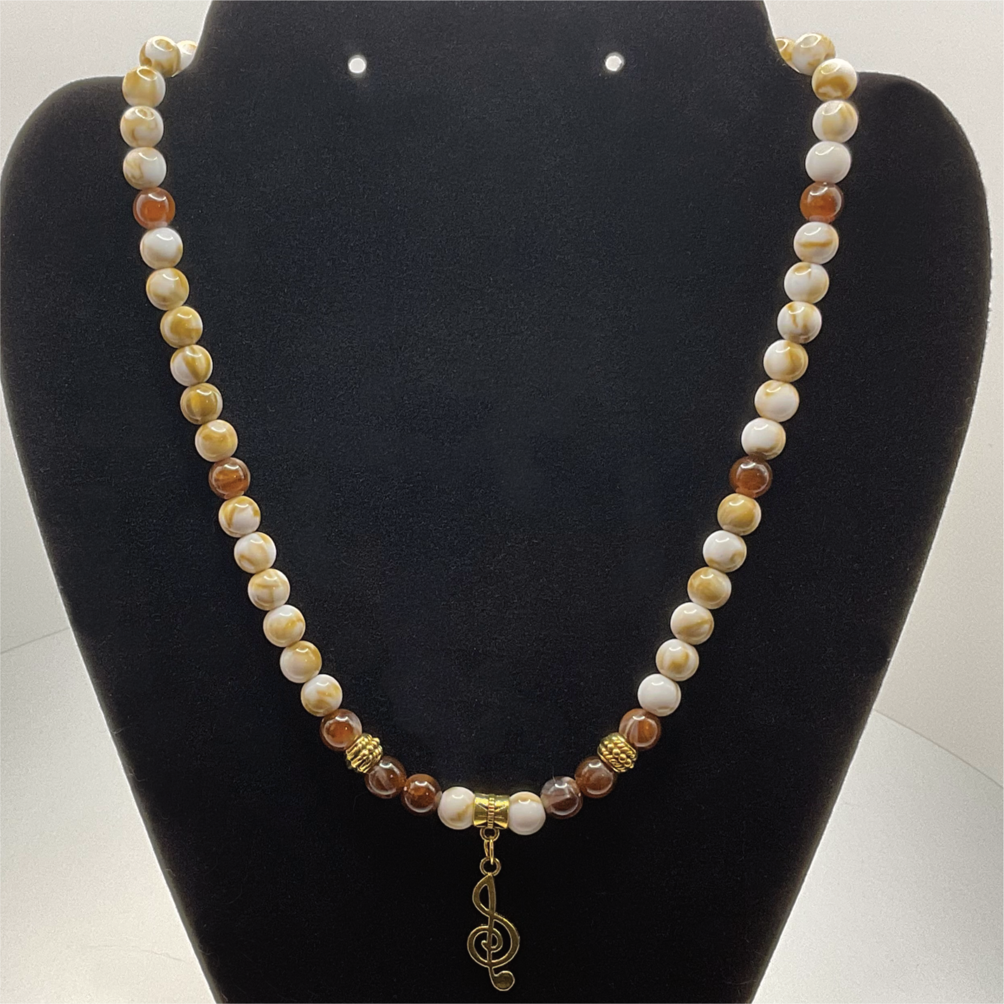 18" Oriental Agate Carnelian Music Charm Necklace with Gold Tone Spacers