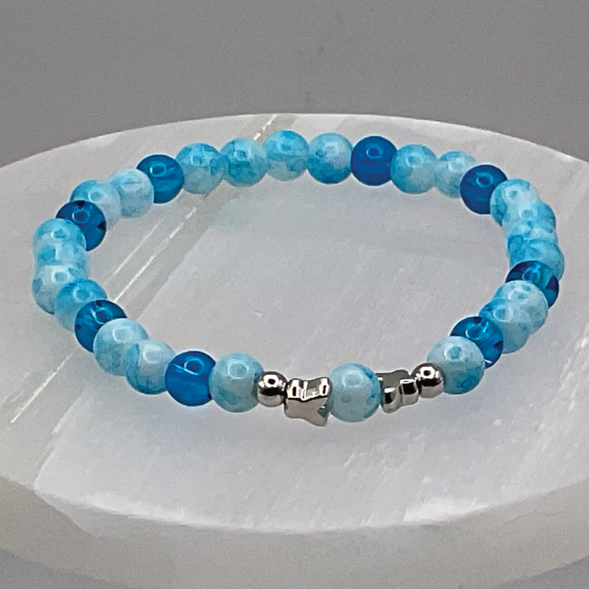 Dark and Light Blue Glass Silver Butterfly Bracelet