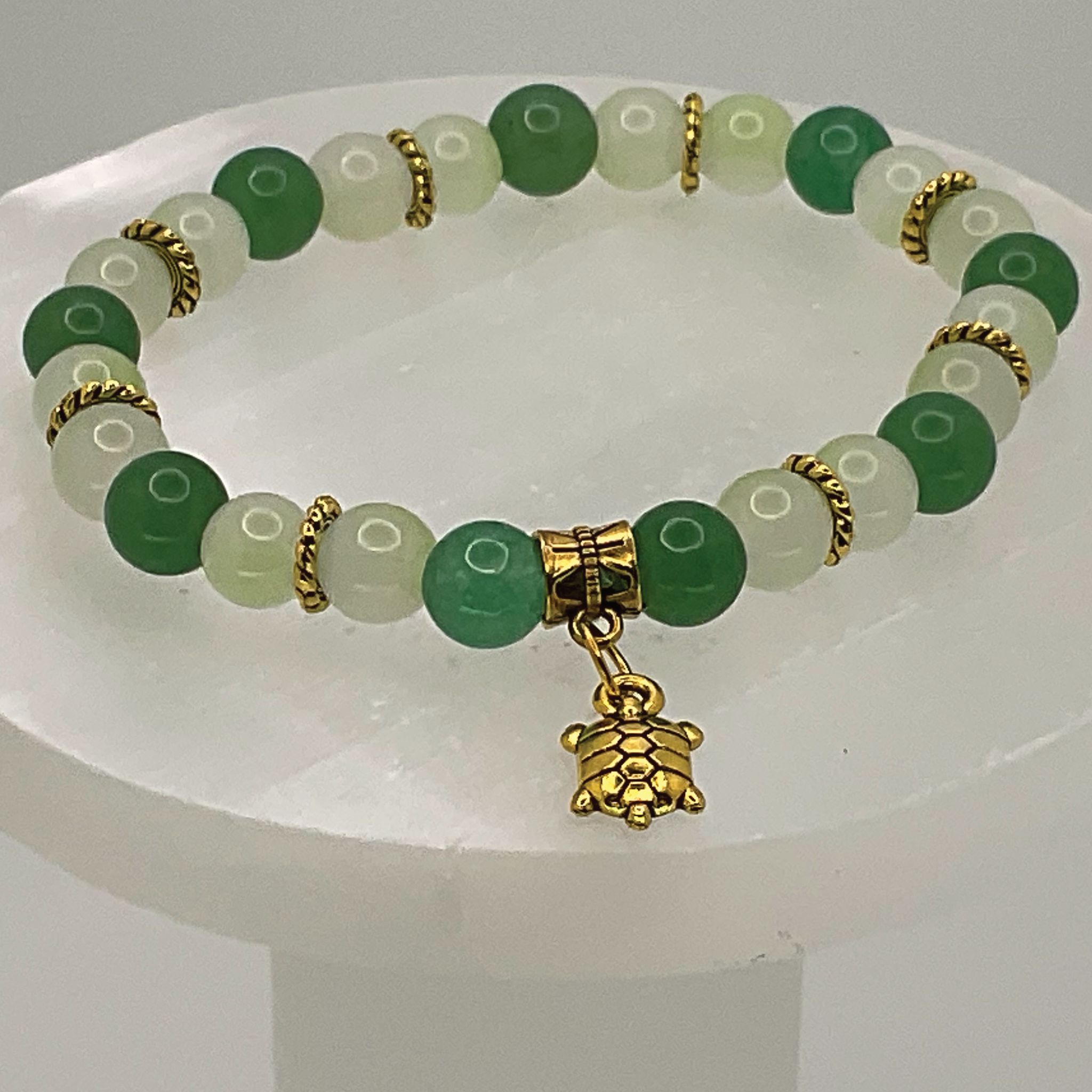 Green Chalcedony Turtle Charm Bracelet with Gold Spacers