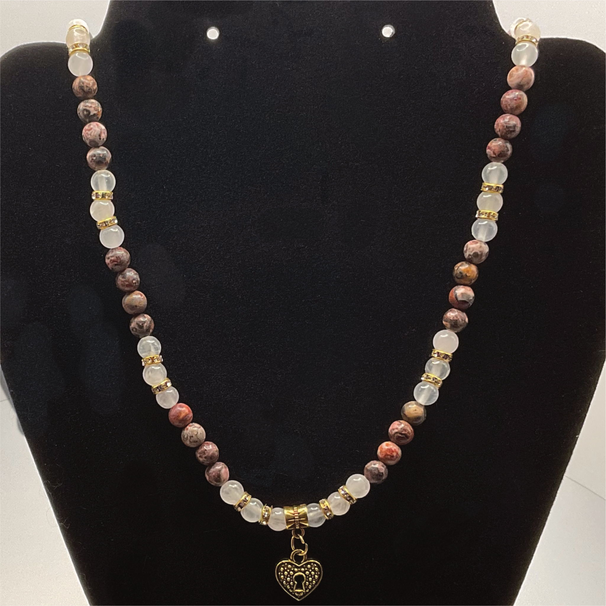 22" Leopard Skin Jasper Oriental Agate Lock Heart Charm Necklace
