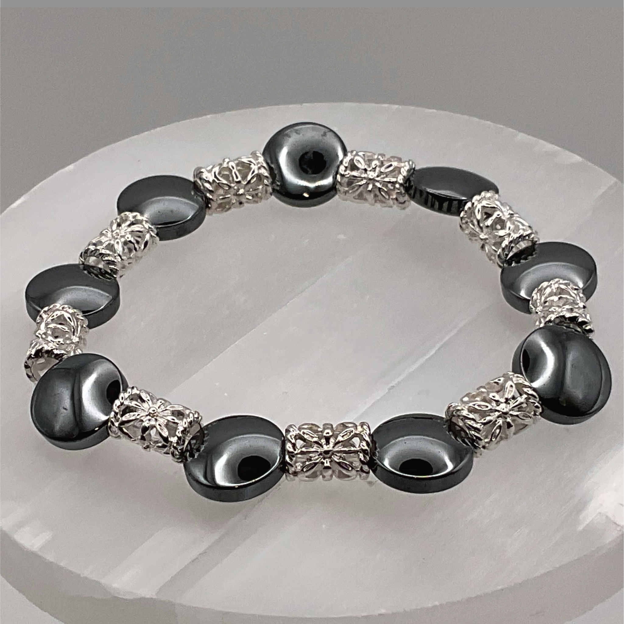 Black Agate Bracelet with Silver Spacers