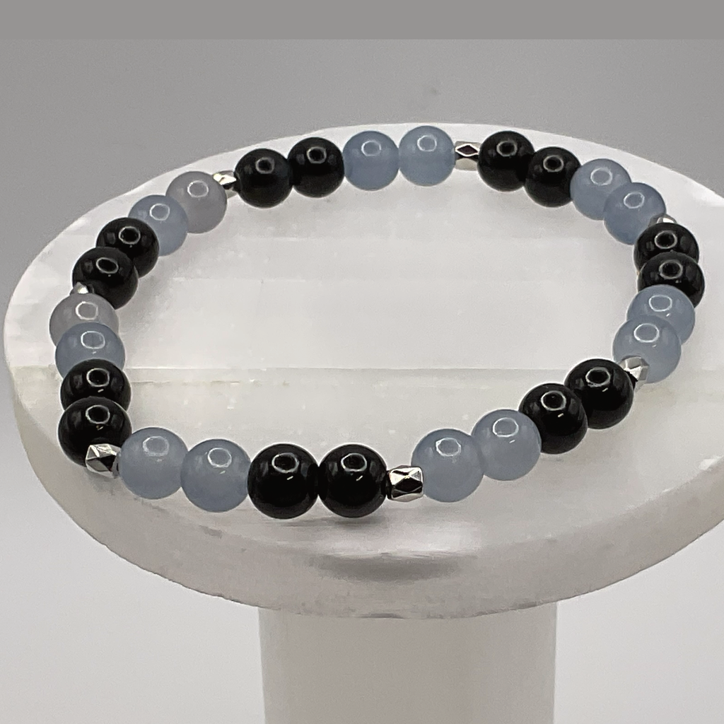 21 cm (8.3") Gray Black Glass Bracelet with Silver Spacers