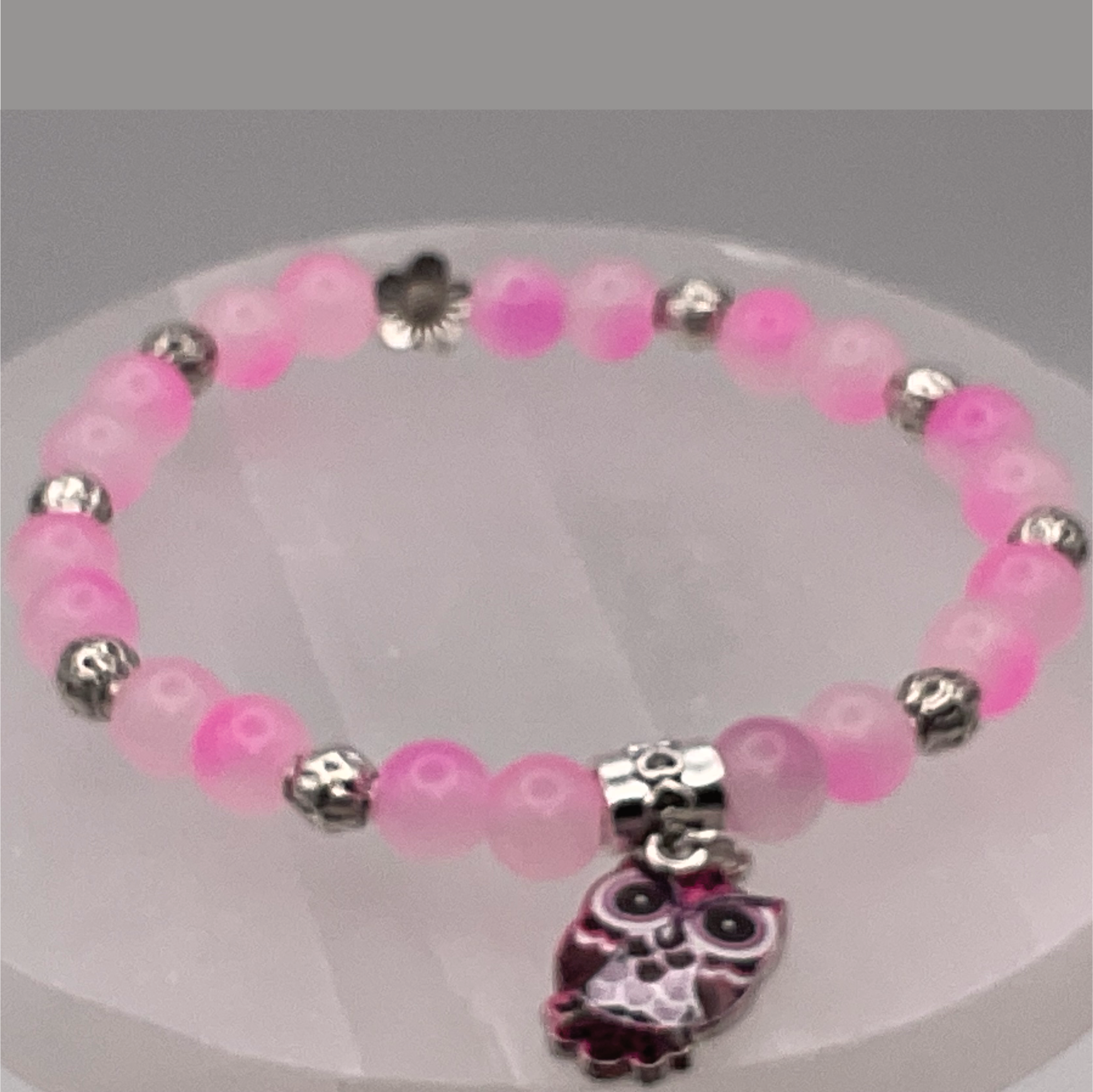 Pink Dragon Agate Owl Charm Bracelet with Silver Tone Spacers