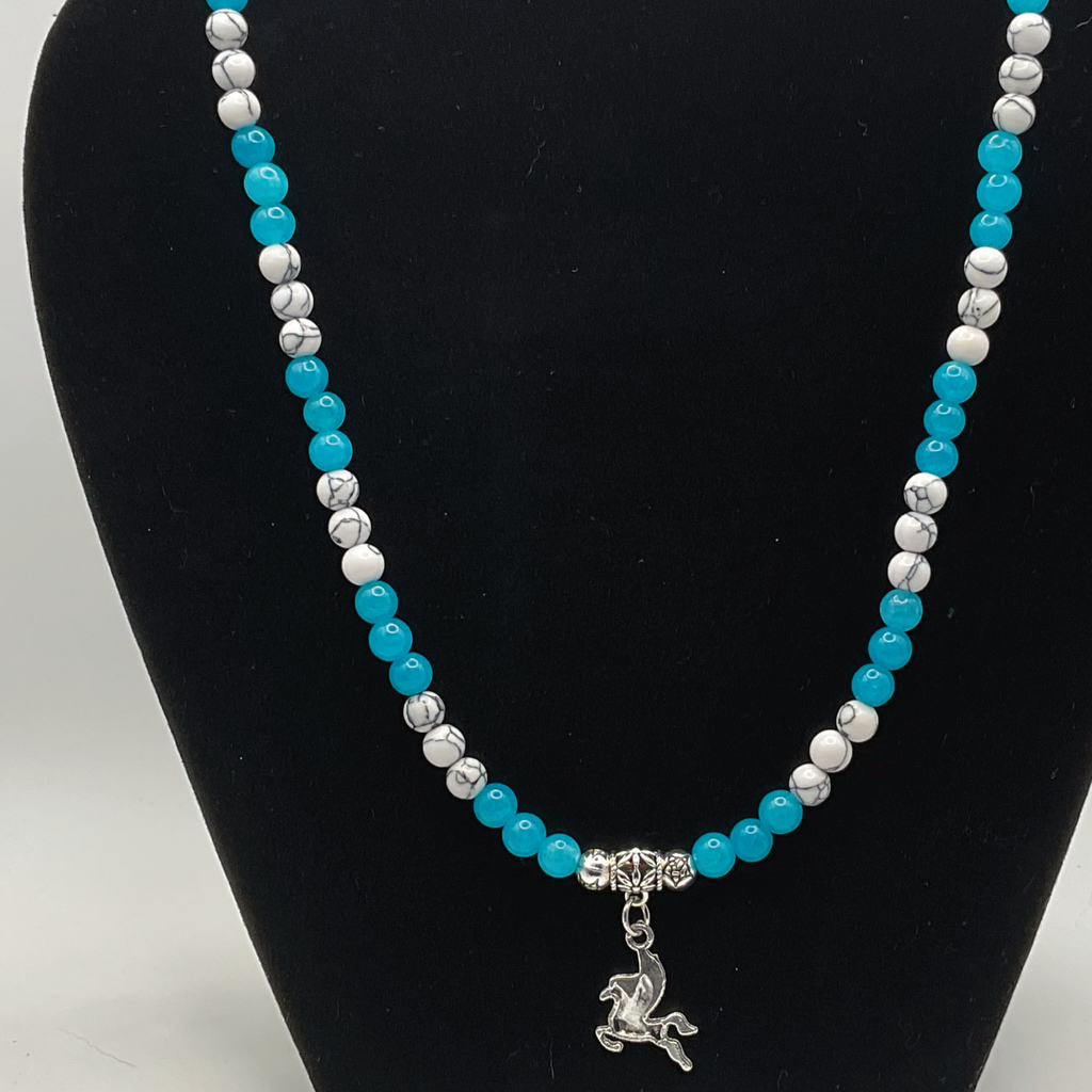 18" Blue Dragon Agate Magnesite Pegasus Charm Necklace with Silver Tone Spacers