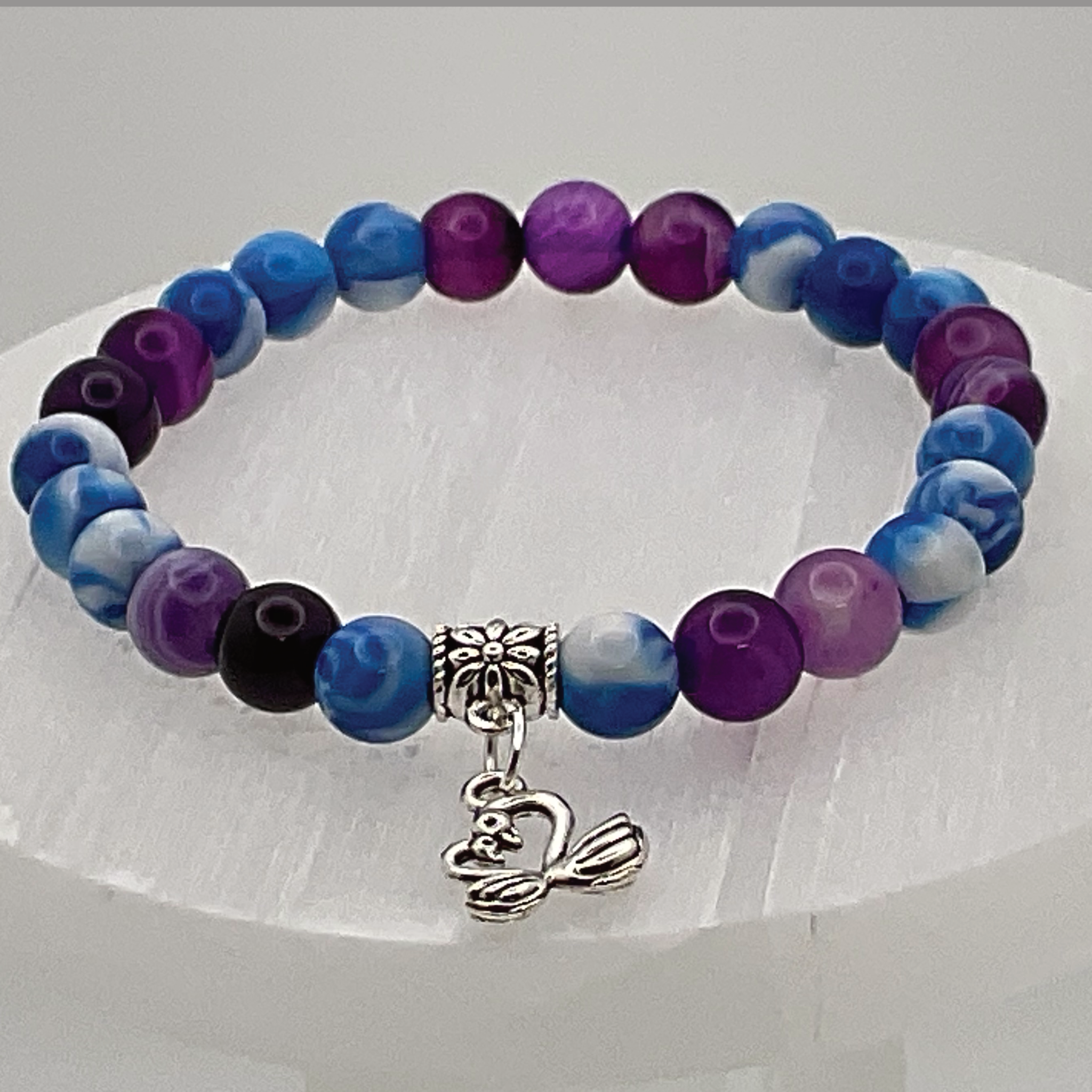 Pulsera de abalorios de cisne de ágata con vetas de dragón azul y morado