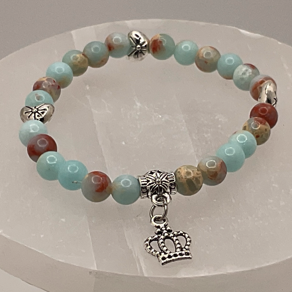 Opalite Crown Charm Bracelet with Silver Tone Heart Spacers
