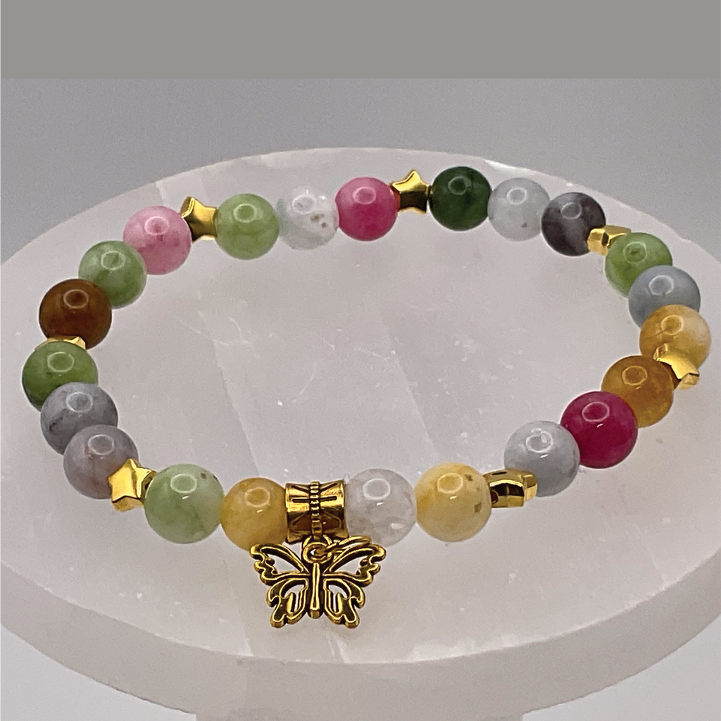 Multi-colored Tourmaline Butterfly Charm Bracelet w/ Gold Tone Spacers