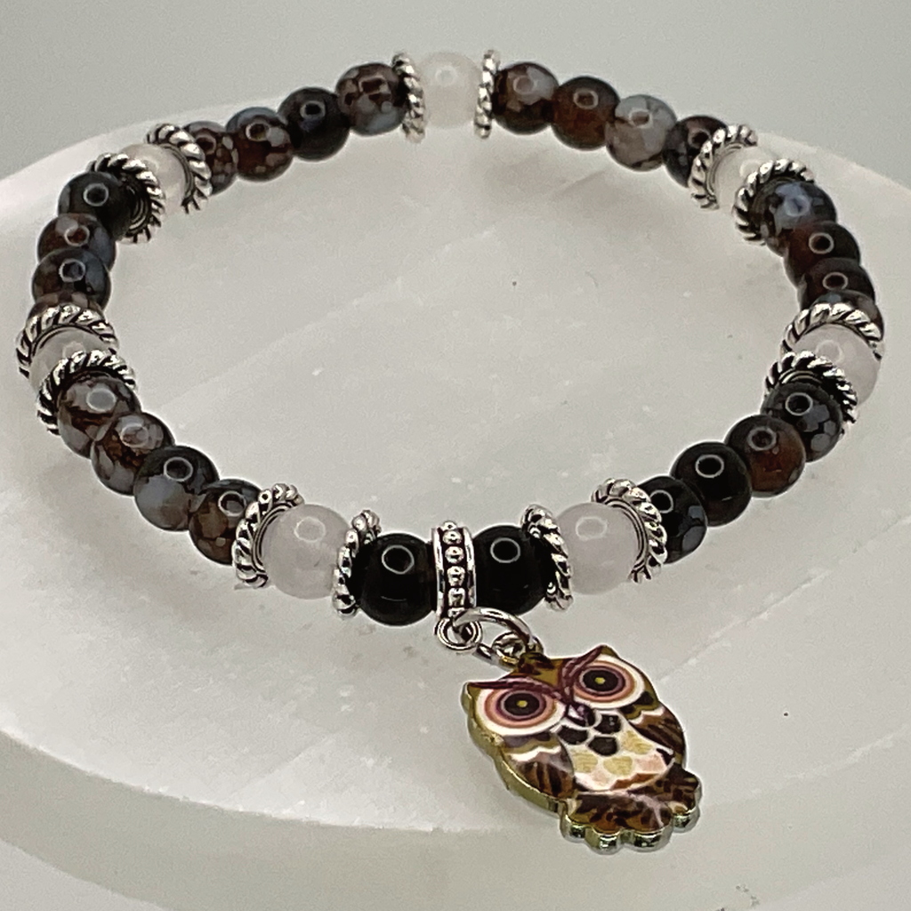 Amethyst Milky Quartz Owl Charm Bracelet with Silver Spacers