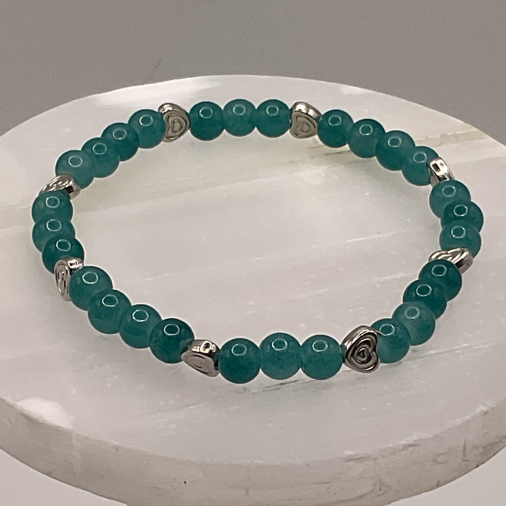 Aqua Glass Bracelet with Silver Heart Spacers