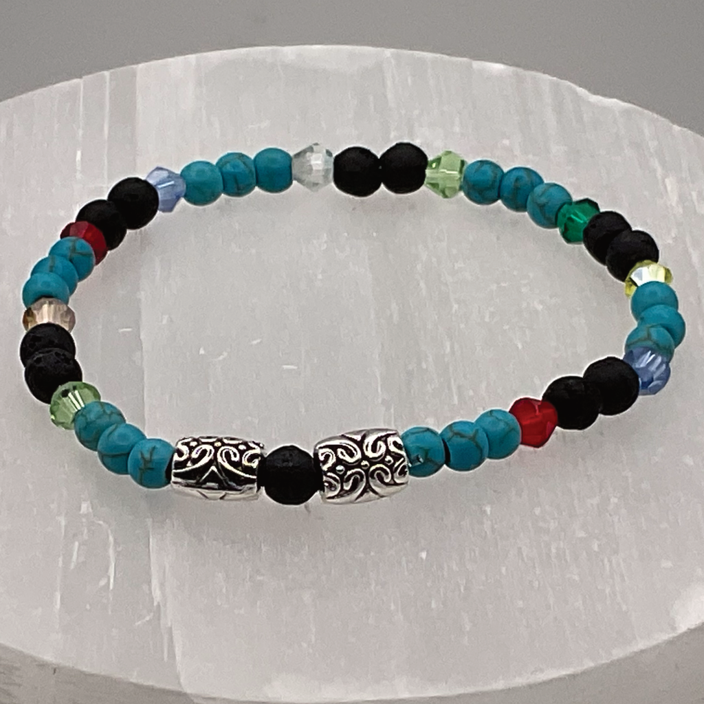 14.5 cm (5.7") Blue Howlite Black Agate Silver Barrel Bracelet with Multi Colored Crystal Spacers
