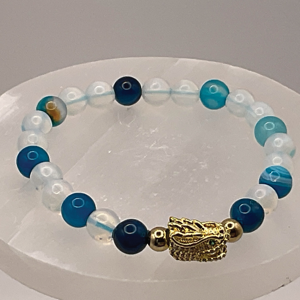 Blue Dragon Vein Agate Sea Opal Dragon Charm Bracelet with Gold Tone Spacers
