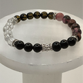 Rhodonite Clear Quartz Pixiu Black Agate Bracelet with Silver Tone Crystal Spacers
