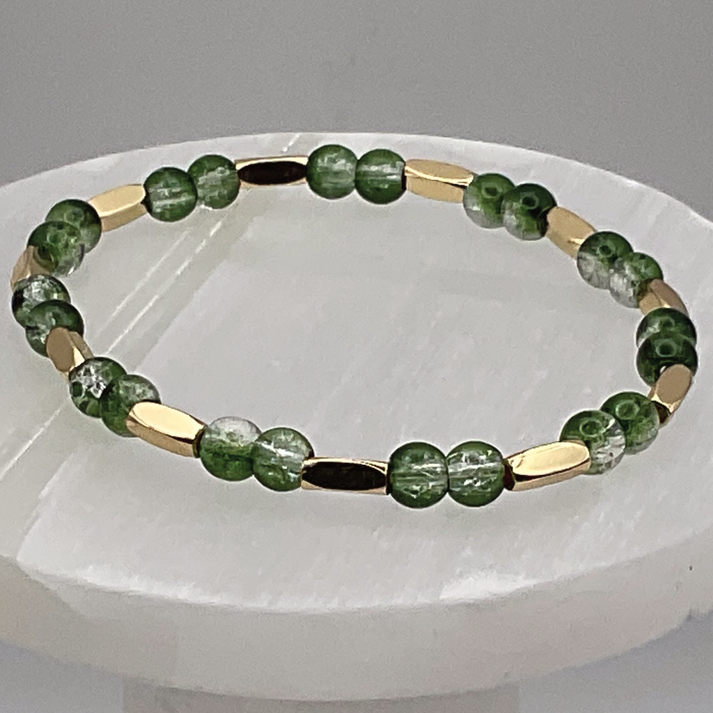 Green Glass Bracelet with Long Gold Spacers