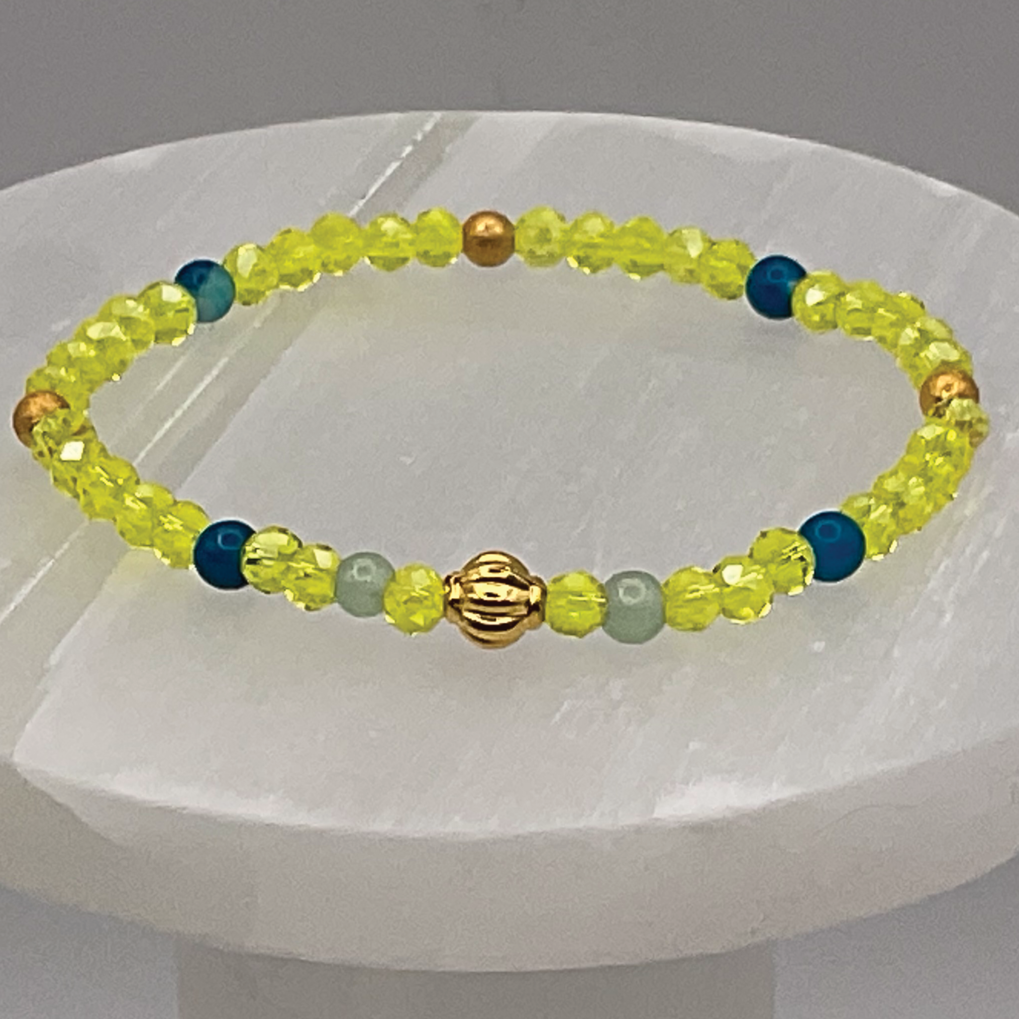 15.5 cm (6.1") Yellow Bracelet with Blue Light Green and Gold Spacers