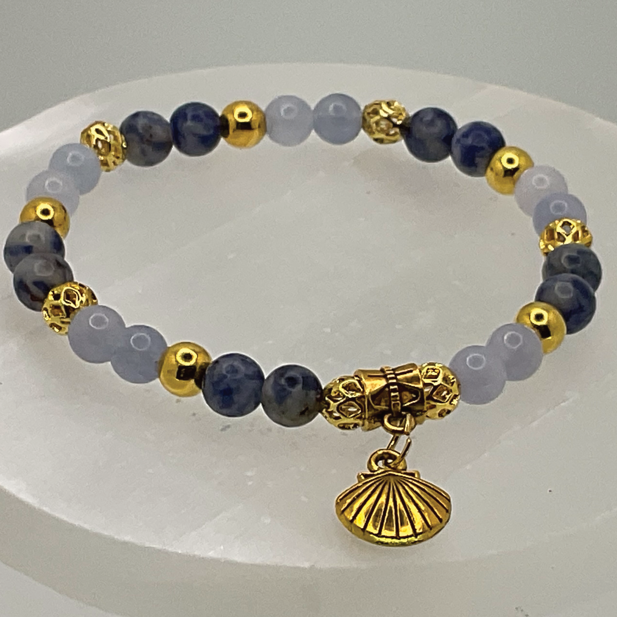 Blue Chalcedony Blue Sodalite Seashell Charm Bracelet with Gold Spacers